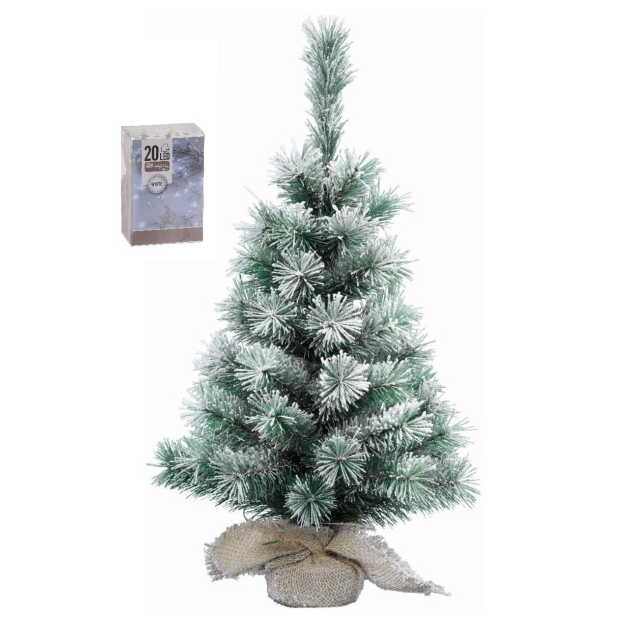 Kunst kerstboom - besneeuwd - H35 cm - met kerstverlichting - helder wit - kunstboom - jute zak -