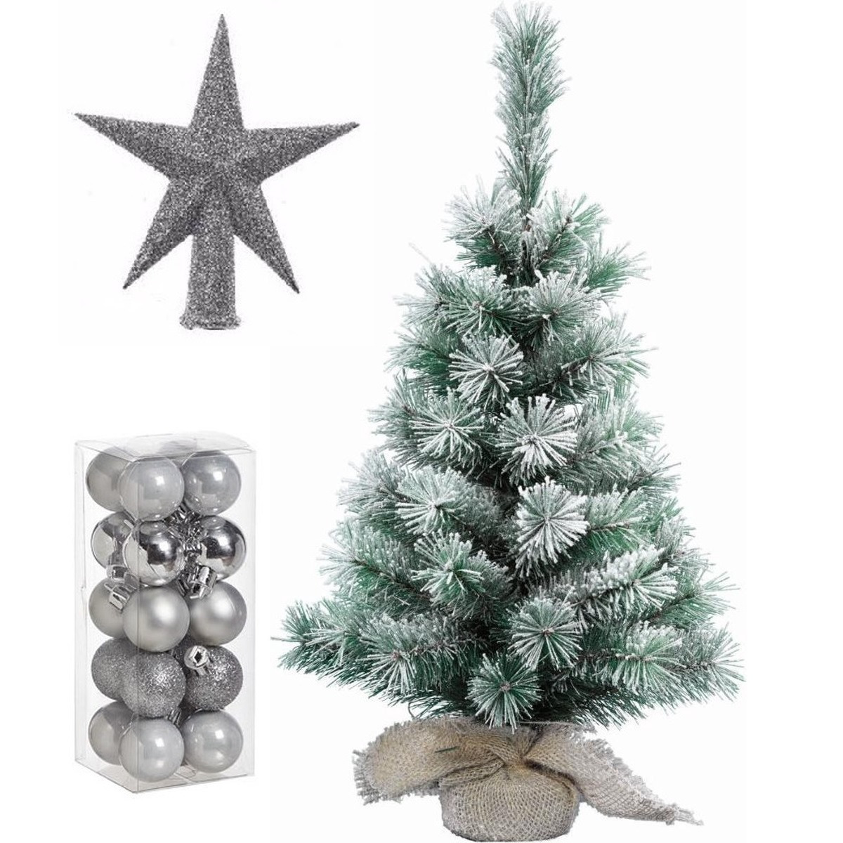 Kunst kerstboom met sneeuw 35 cm in jute zak inclusief zilveren versiering 21-delig -