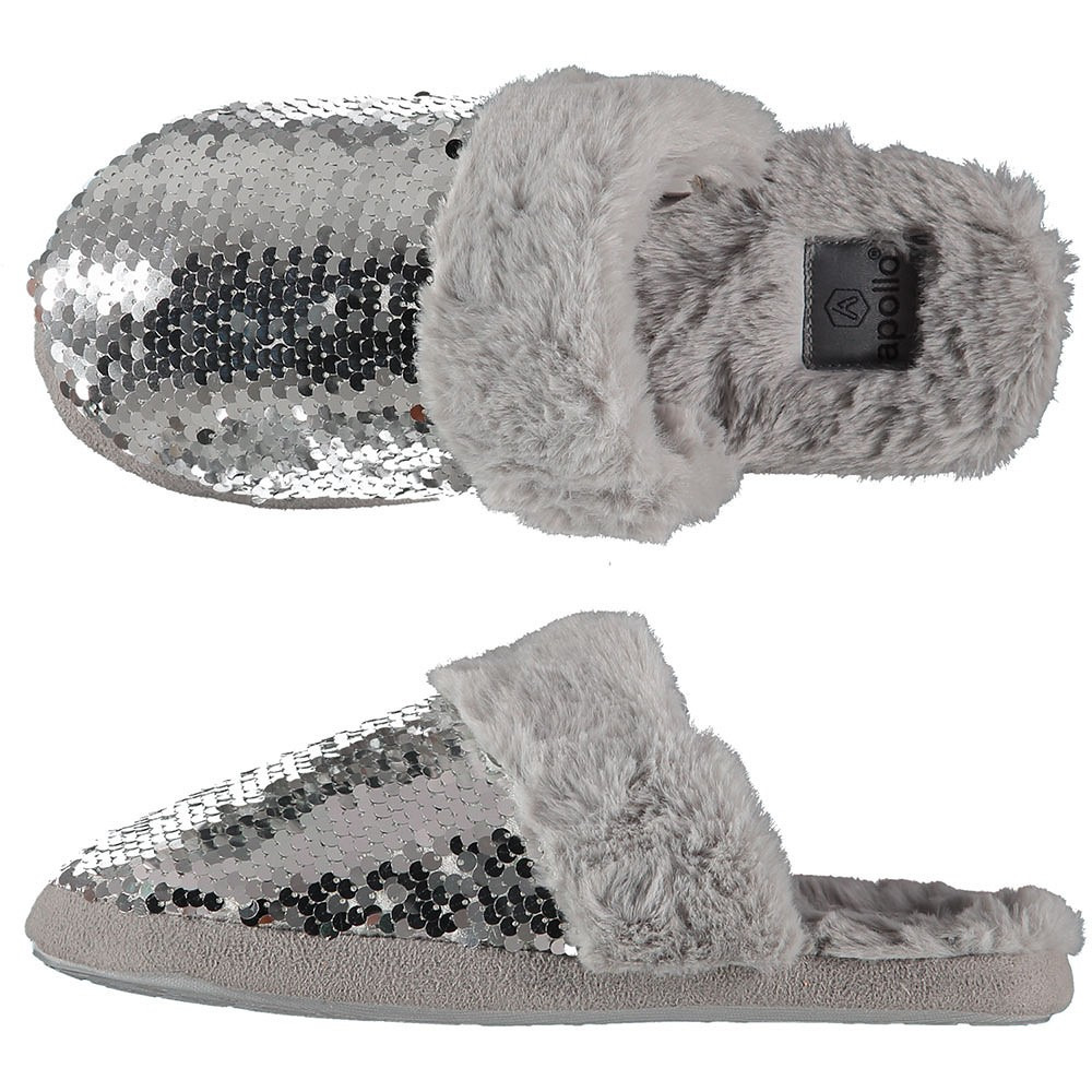 Dames instap slippers/pantoffels met pailletten grijs maat 37-38 37/38 -