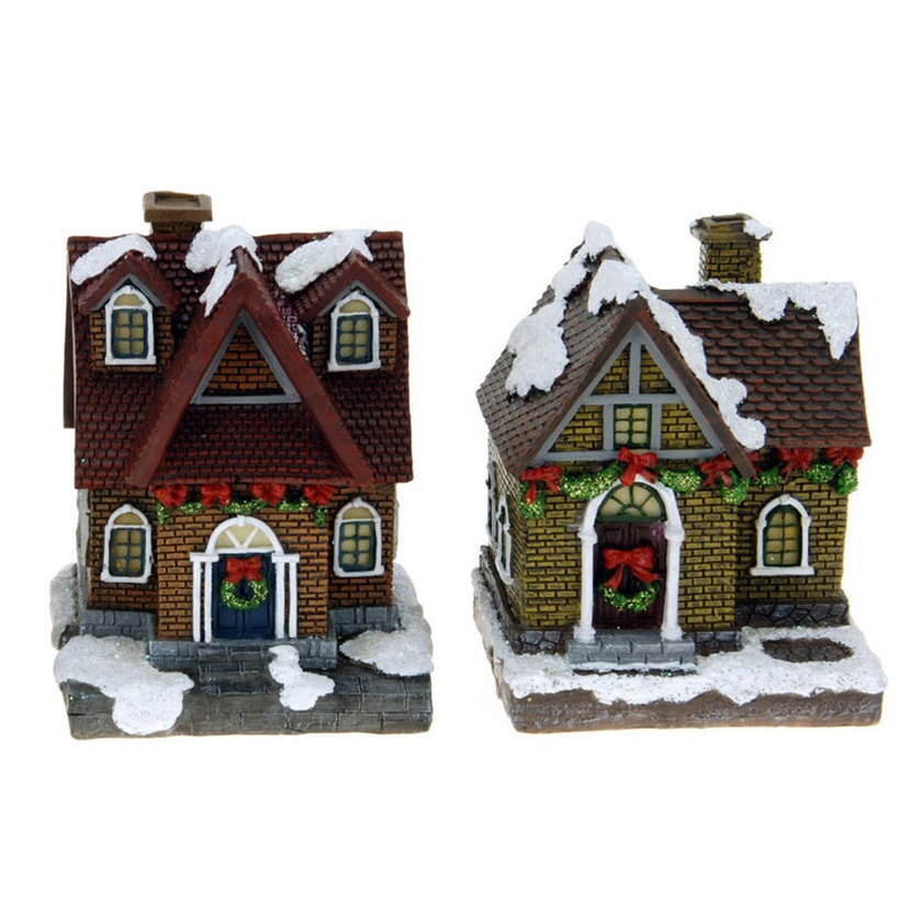 2x Kersthuisjes/kerstdorpje met verlichting 13 cm -
