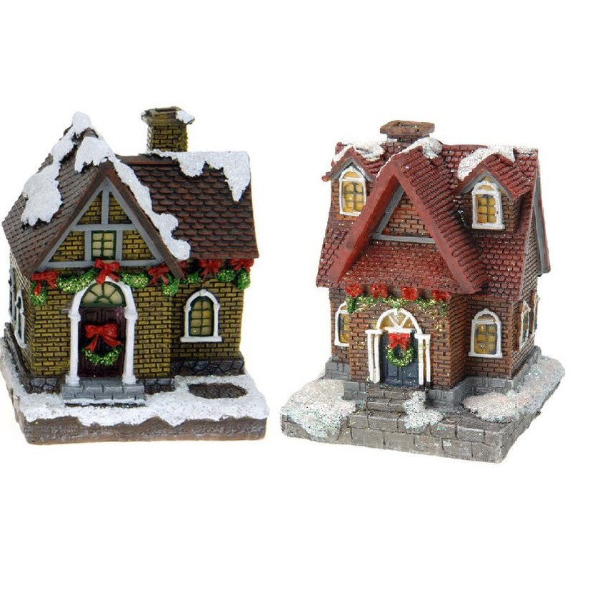 2x Kersthuisjes/kerstdorpje met verlichting 13 cm -