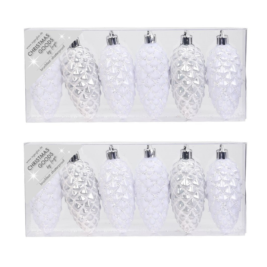 12x stuks kunststof kersthangers dennenappels wit 9 cm kerstornamenten -