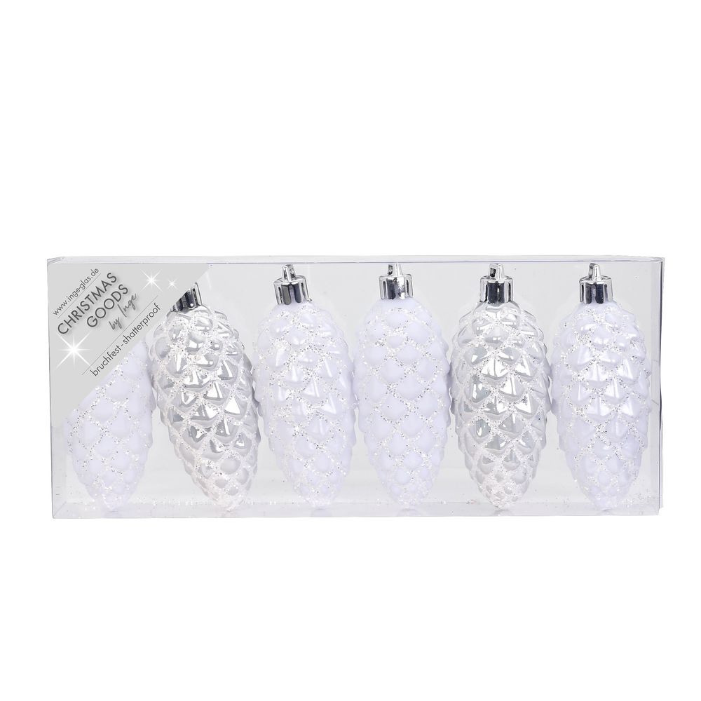 Christmas goods Kersthangers - 6x - dennenappels - wit - 9 cm -