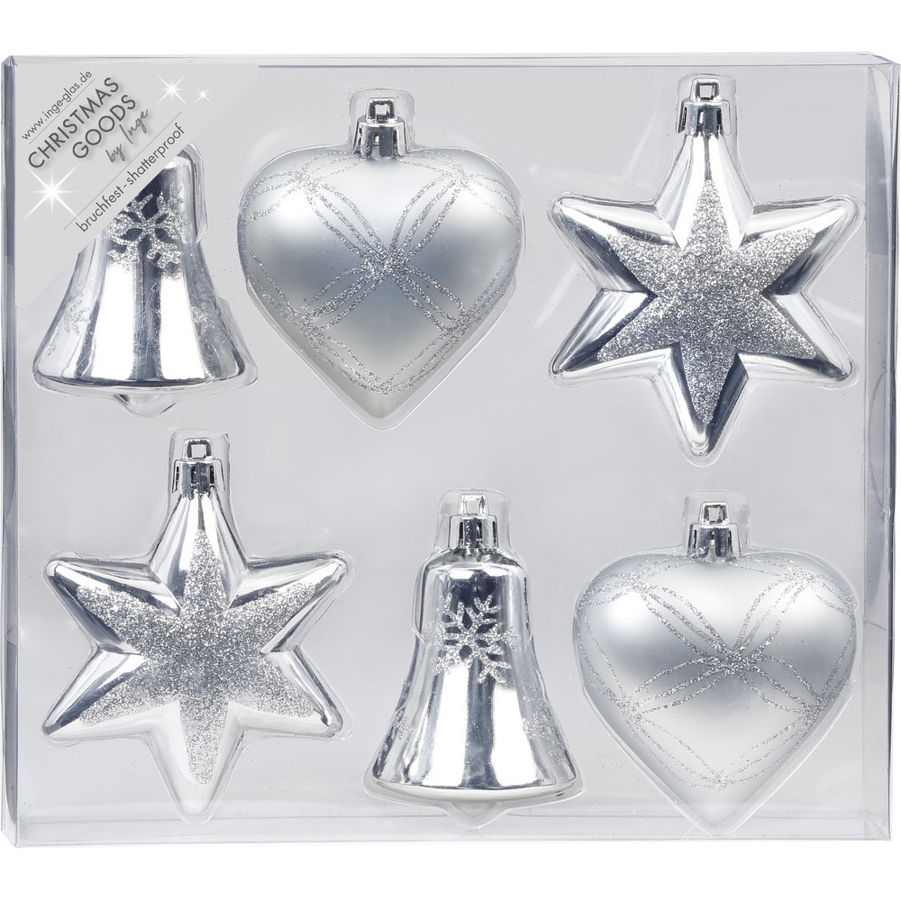 6x stuks kunststof kersthangers figuurtjes zilver 9 cm kerstornamenten -