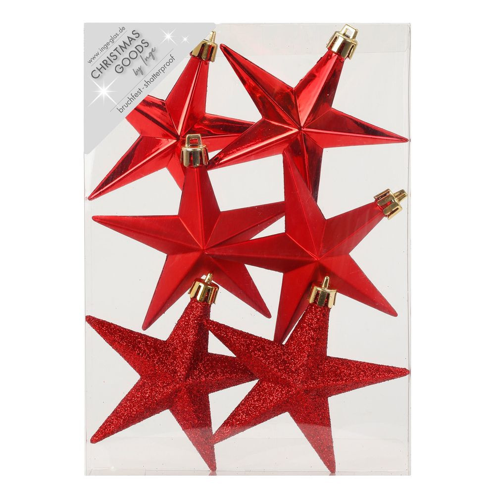 6x stuks kunststof kersthangers sterren rood 10 cm kerstornamenten -