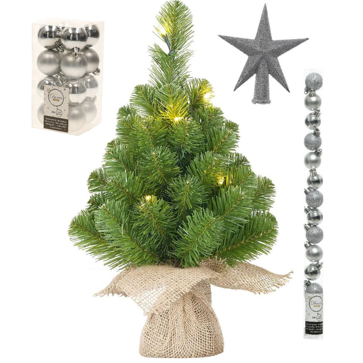Kunst kerstboom - H60 cm - met verlichting en versiering - zilver 31-delig -