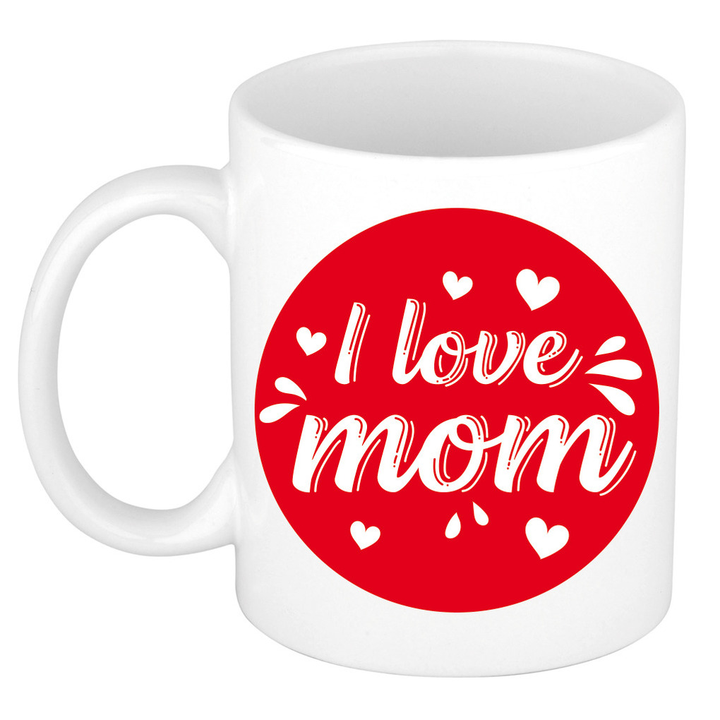 I love mom/ mama cadeau mok / beker wit cirkel met hartjes 300 ml -