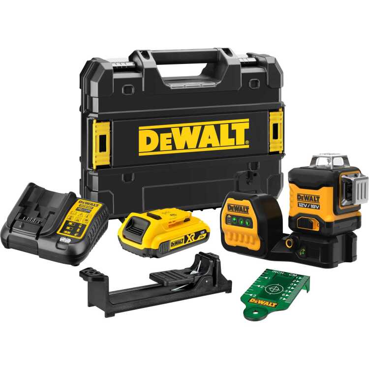 DEWALT DCE089D1G18-QW 12V / 18V XR 3 X 360 Groene Kruislijnlaser kruislijnlaser Incl. TSTAK koffer, 18V/2Ah XR battery pack + Oplader