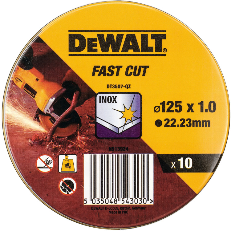DEWALT Doorslijpschijf INOX DT3507-QZ Stainless Steel doorslijpschijf Ø 125 mm, boring 22.2 mm, 10 Stuks in blik