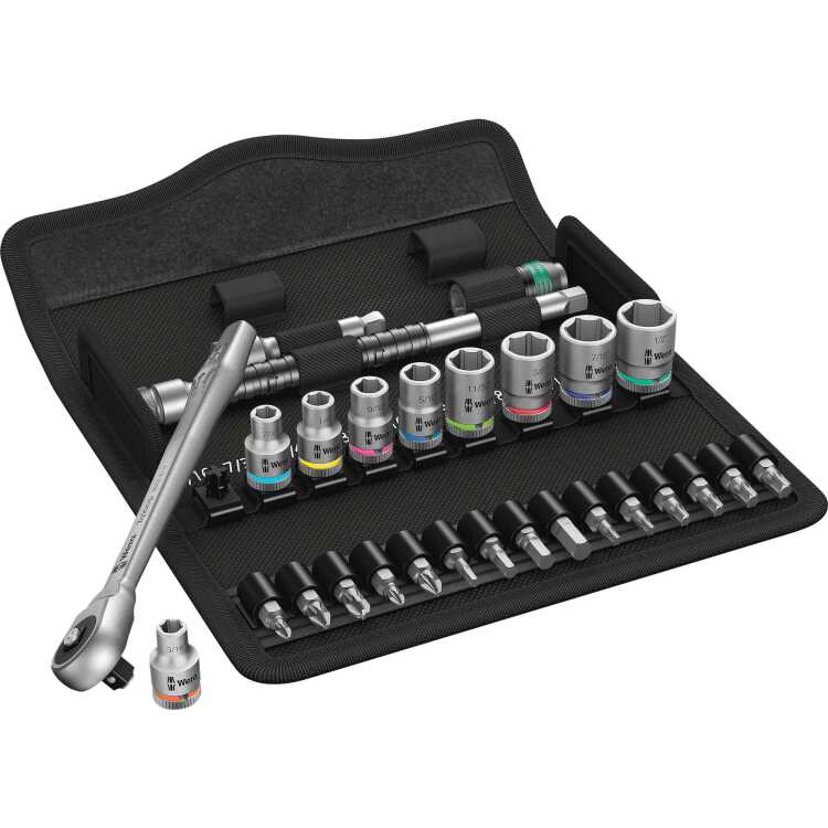 Wera 8100 SA 10 Zyklop Metalen ratelset, 1/4" gereedschapsset 28-delige, volledig metalen ratel met vierkantaandrijving