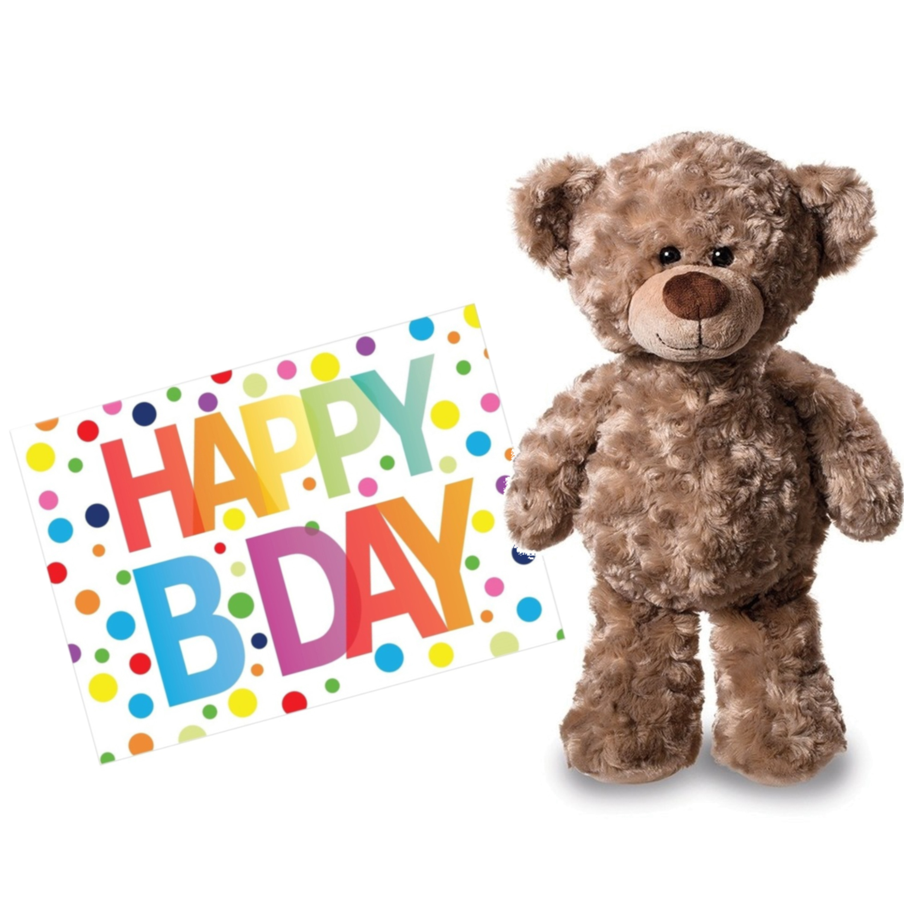 Pluche knuffel knuffelbeer 24 cm met A5-size Happy Birthday wenskaart -