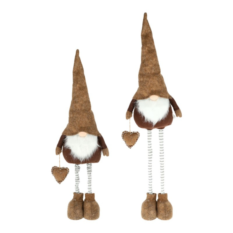 2x stuks pluche gnome/dwerg decoratie poppen/knuffels bruin met telescopische benen 83 tot 120 cm -