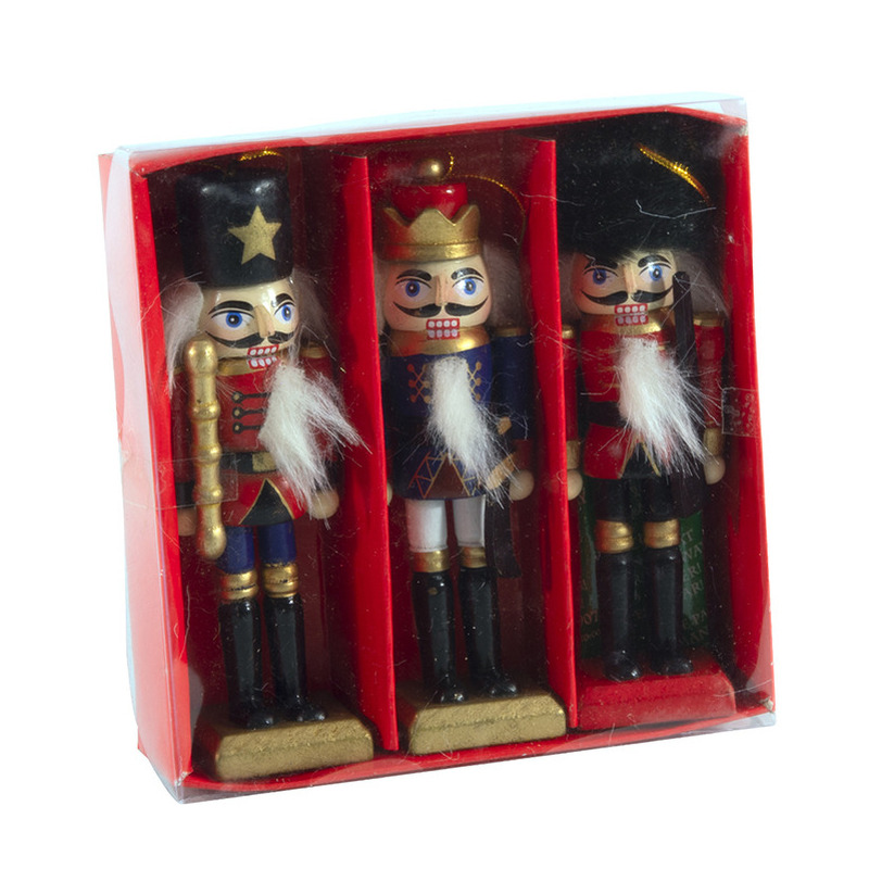 Kersthangers notenkrakers - 3x stuks - hout - 12,5 cm - poppetjes/soldaten -