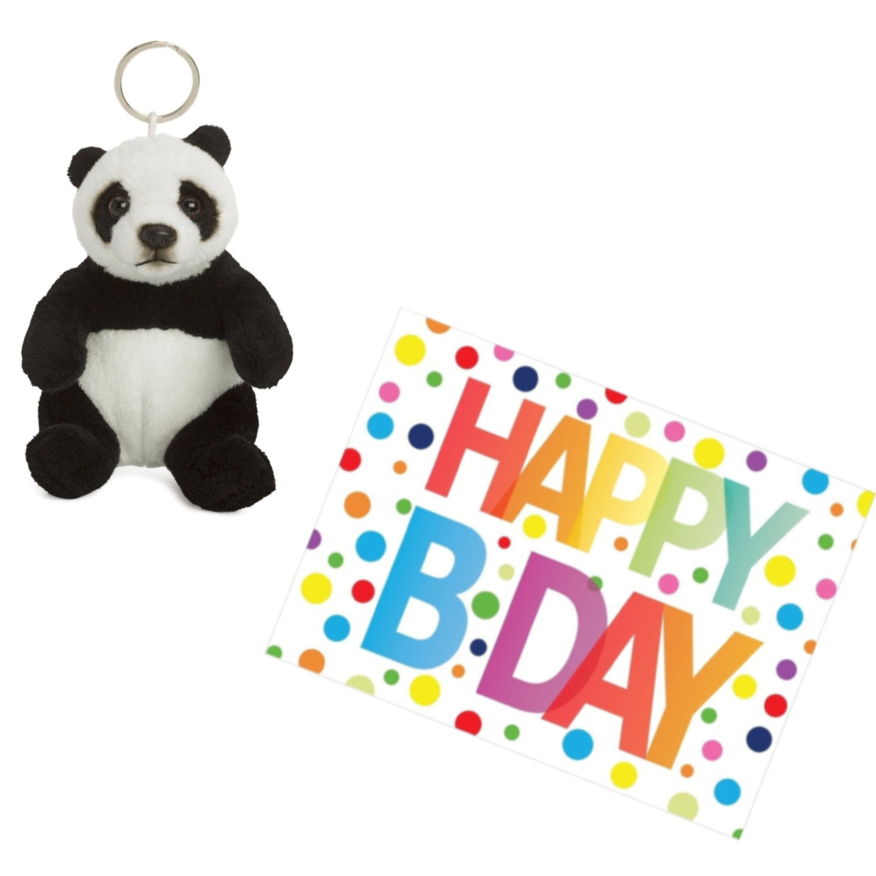 Pluche knuffel panda beer sleutelhanger 10 cm met A5-size Happy Birthday wenskaart -