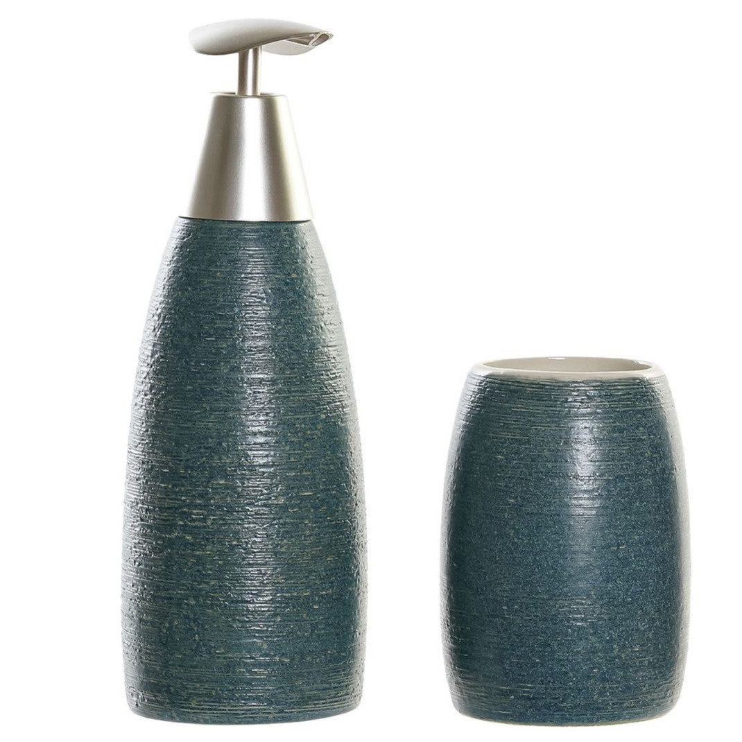 Badkamerset met zeeppompje en tandenborstel beker blauw/grijs polystone 11 cm -