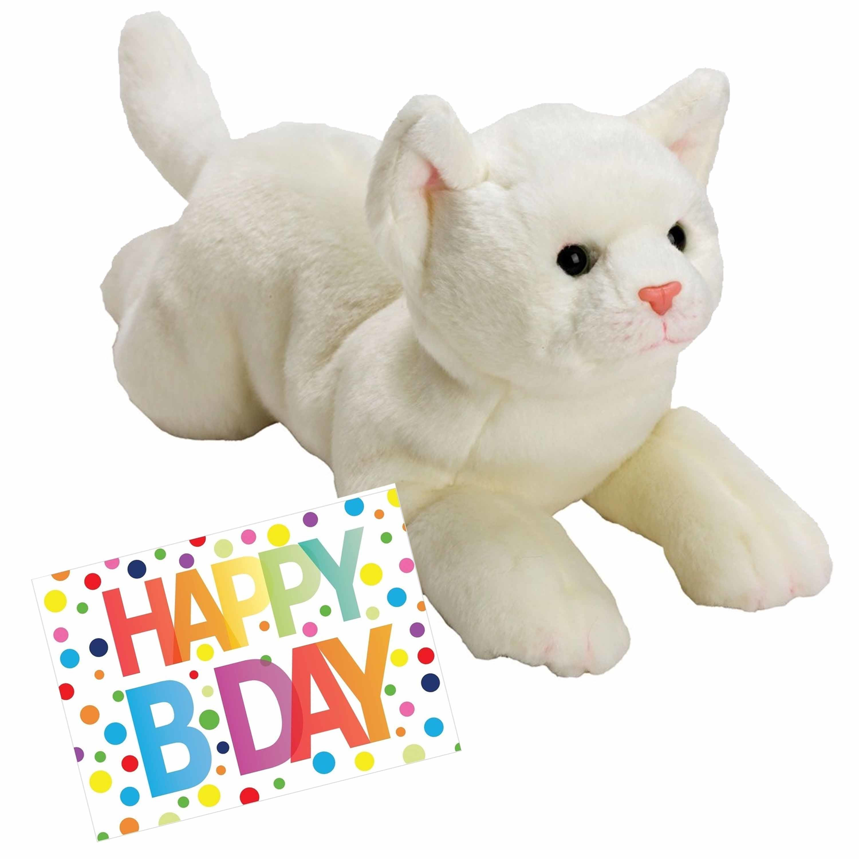 Pluche knuffel witte kat/poes 33 met A5-size Happy Birthday wenskaart -