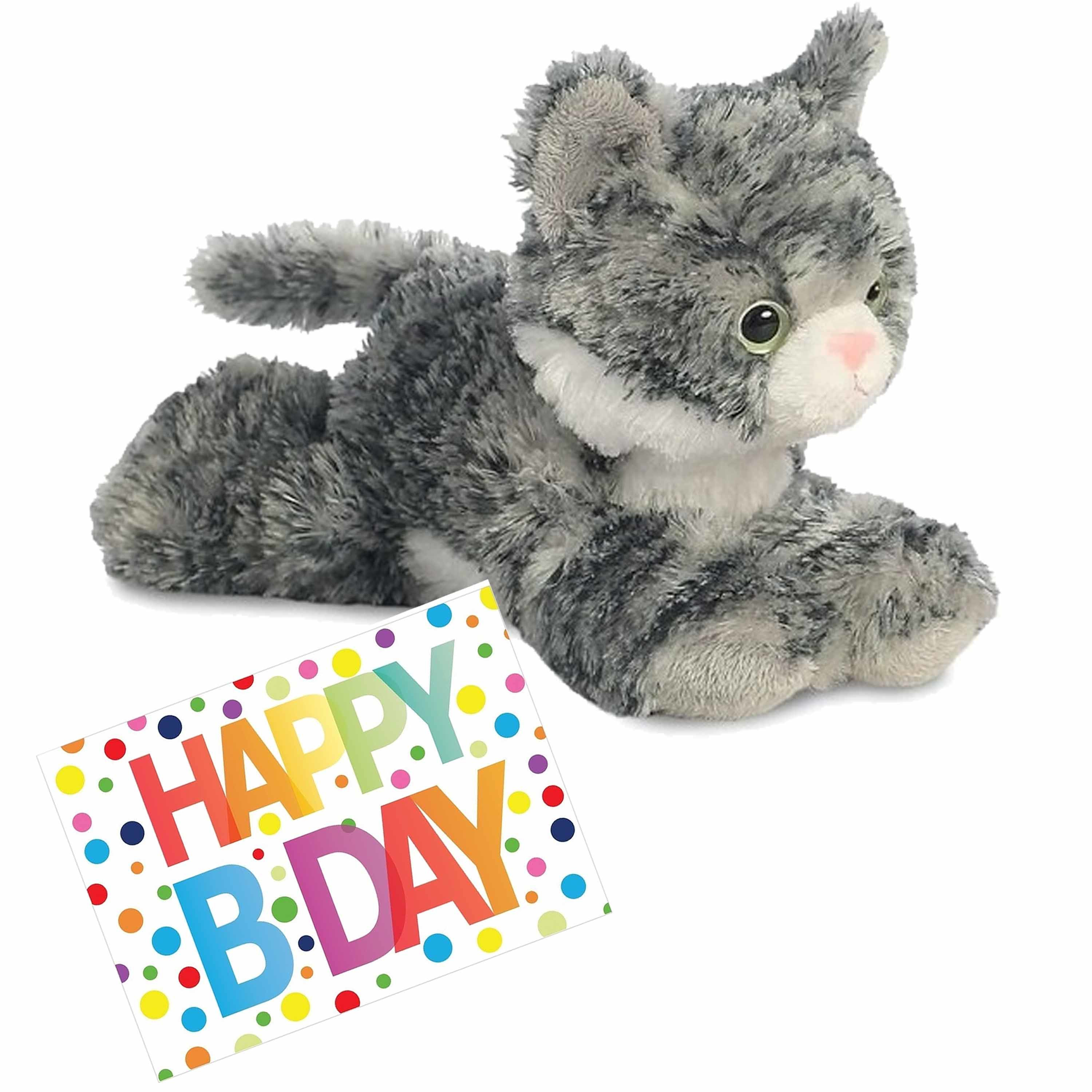 Pluche knuffel kat/poes grijs/witte 20 cm met A5-size Happy Birthday wenskaart -