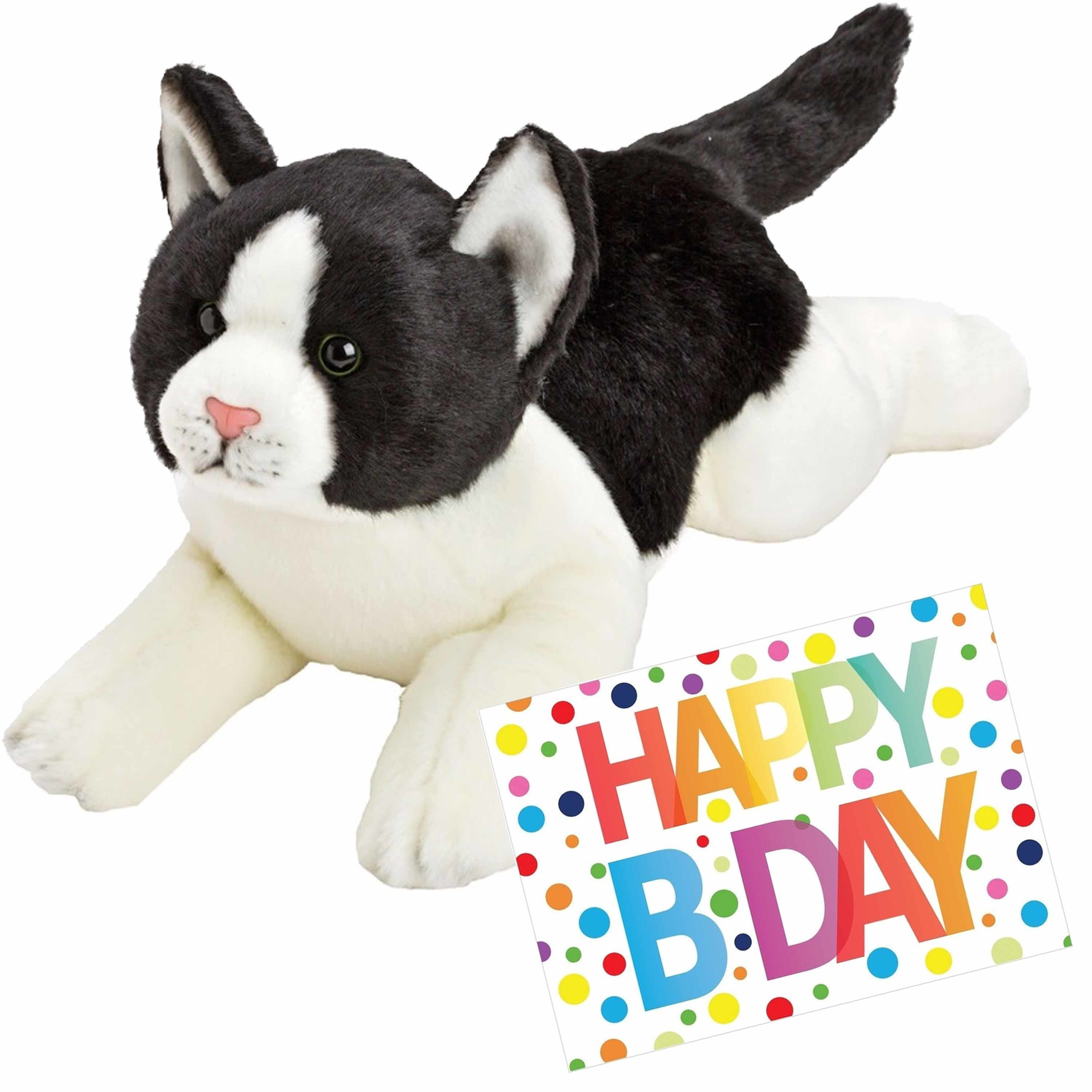 Pluche knuffel zwart/witte kat/poes 33 met A5-size Happy Birthday wenskaart -