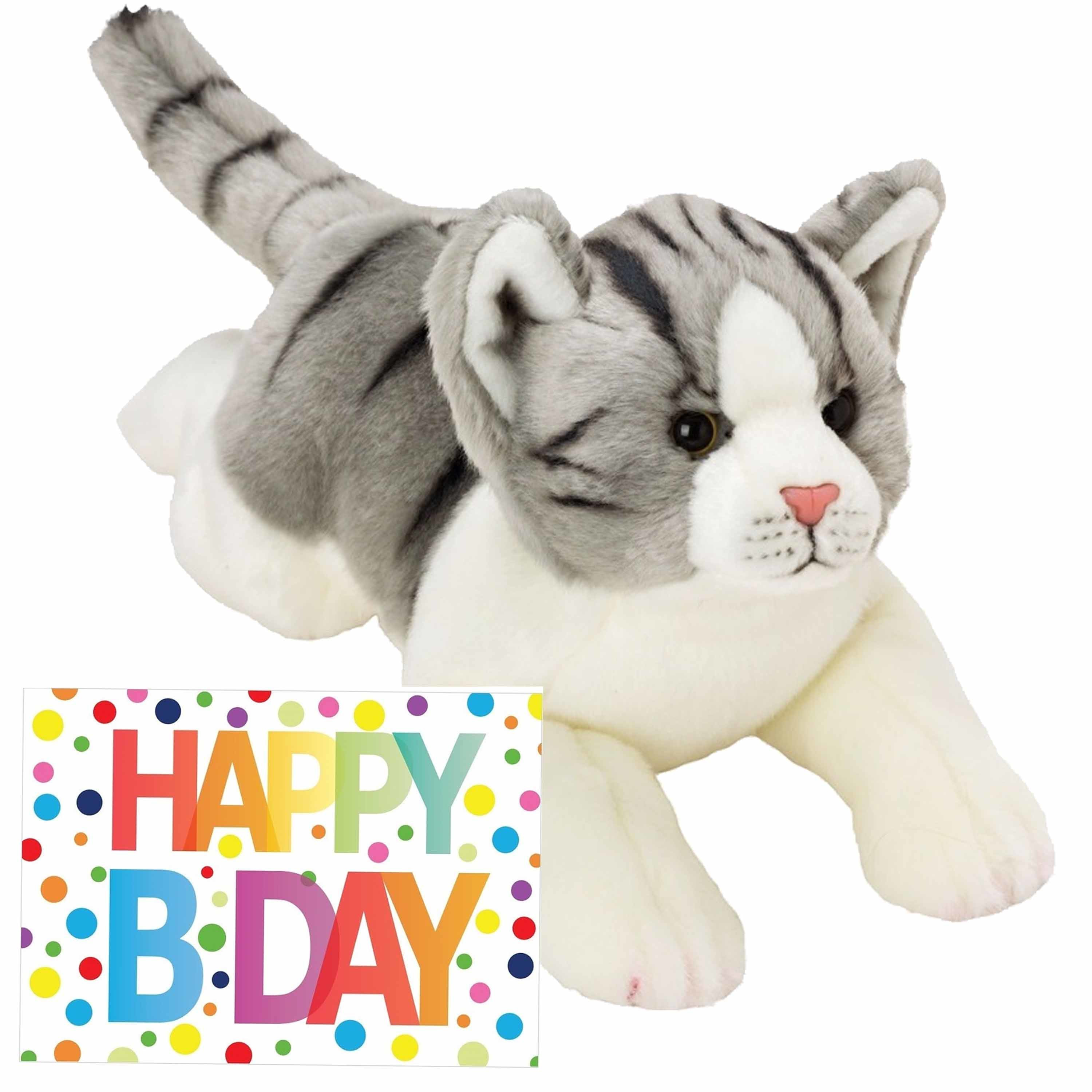 Pluche knuffel grijs/witte kat/poes 33 met A5-size Happy Birthday wenskaart -