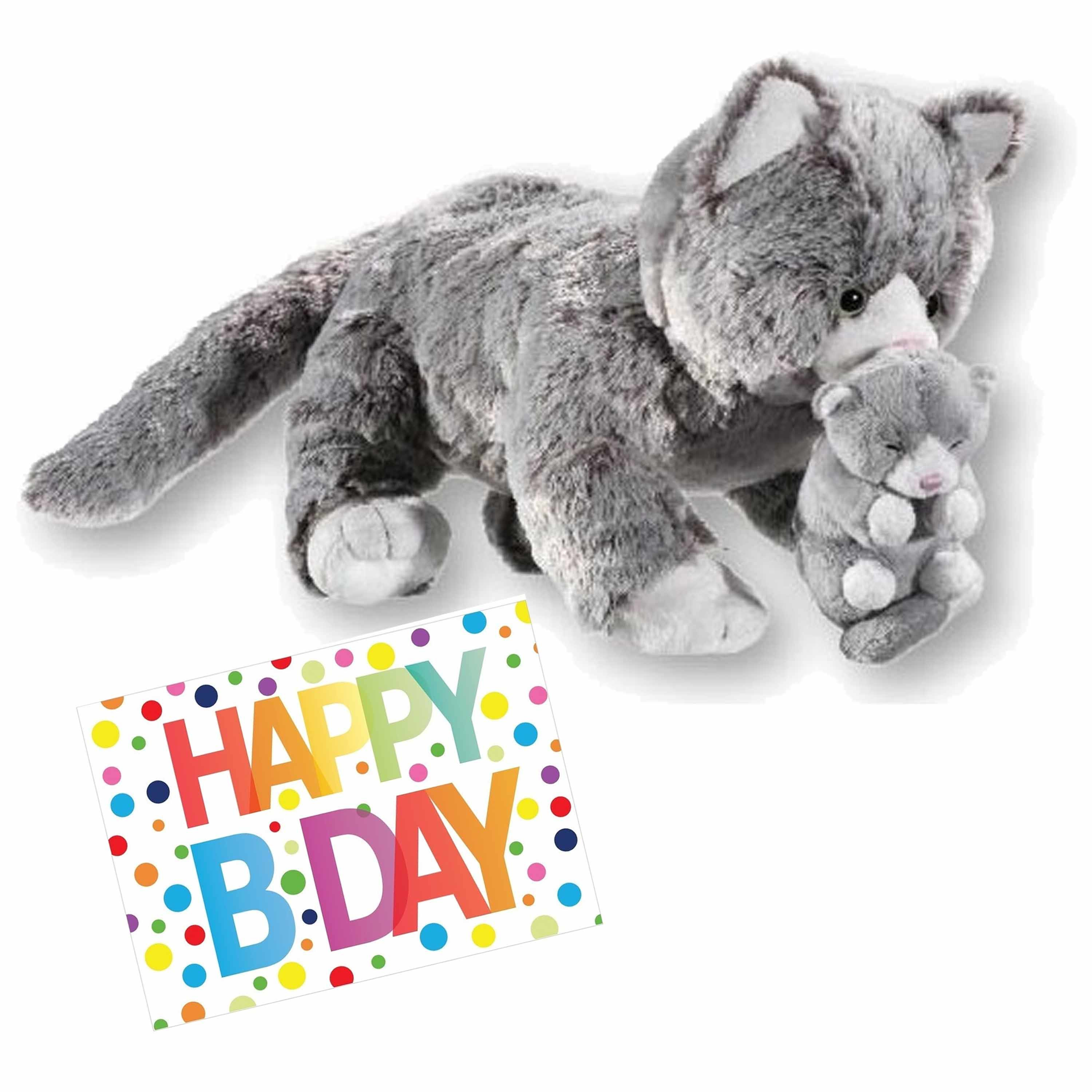 Pluche knuffel kat/poes grijs 32 cm met A5-size Happy Birthday wenskaart -