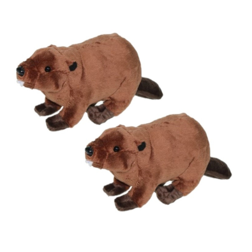Pluche knuffel dier bever - 2x stuks - bruin - 24 cm -
