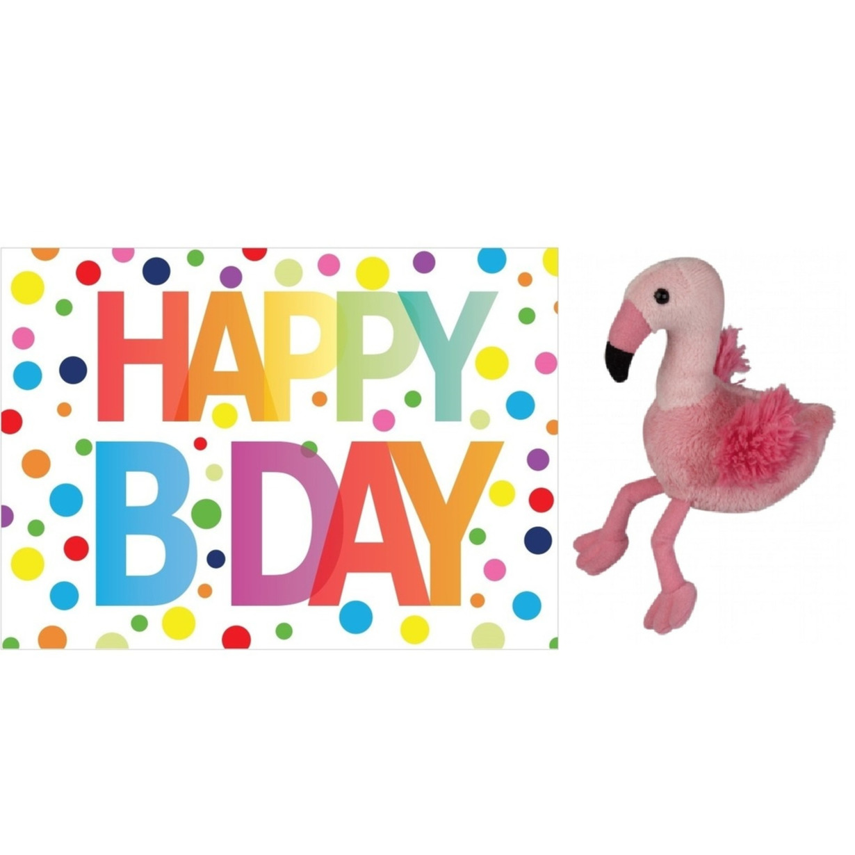 Pluche knuffel flamingo 15 cm met A5-size Happy Birthday wenskaart -