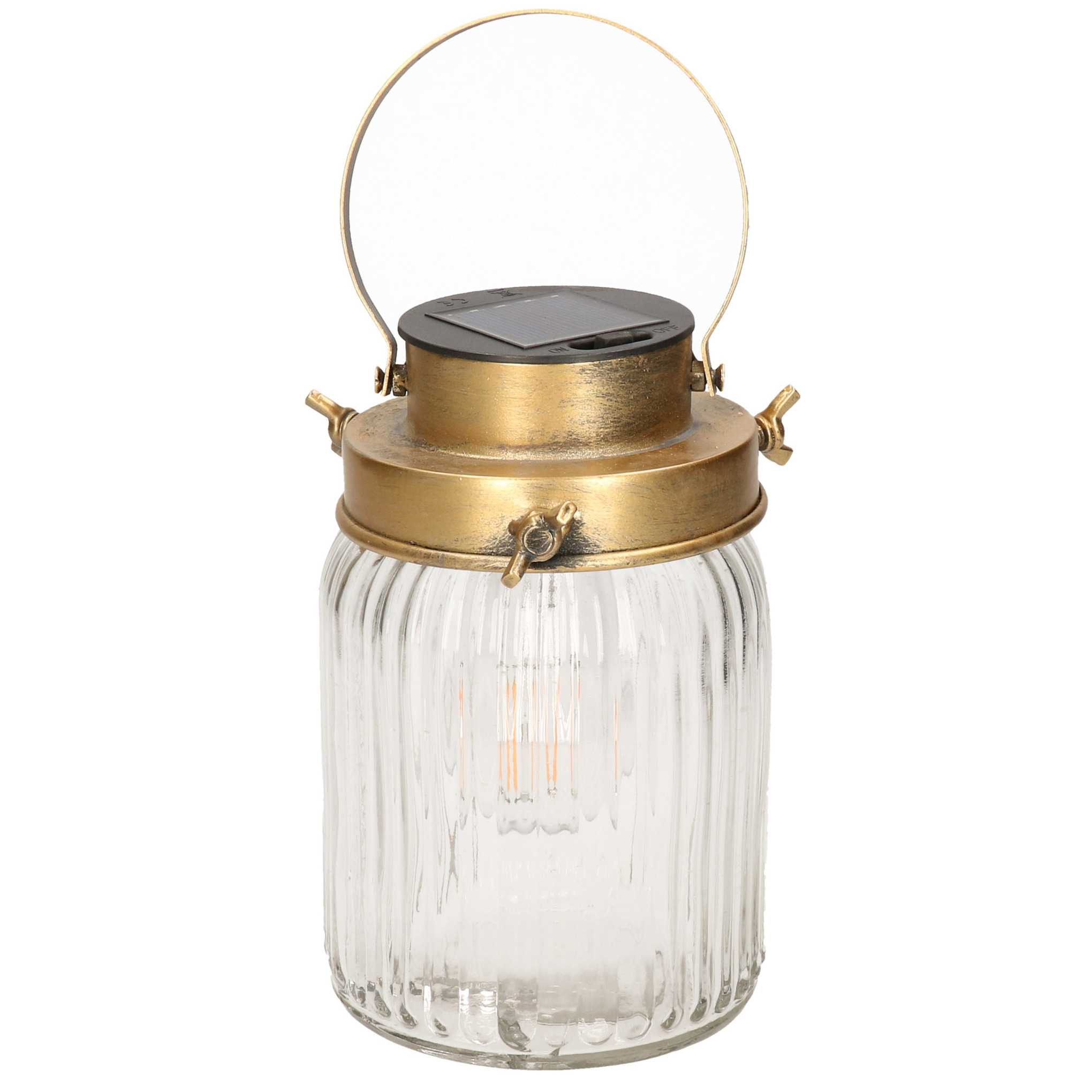 Transparante solar lantaarn van gestreept glas met hengsel 18 cm -