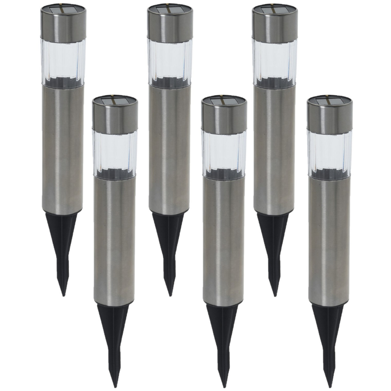 Set van 6x stuks solar tuinlampen/prikspots cilinder op zonne-energie 23 cm RVS -