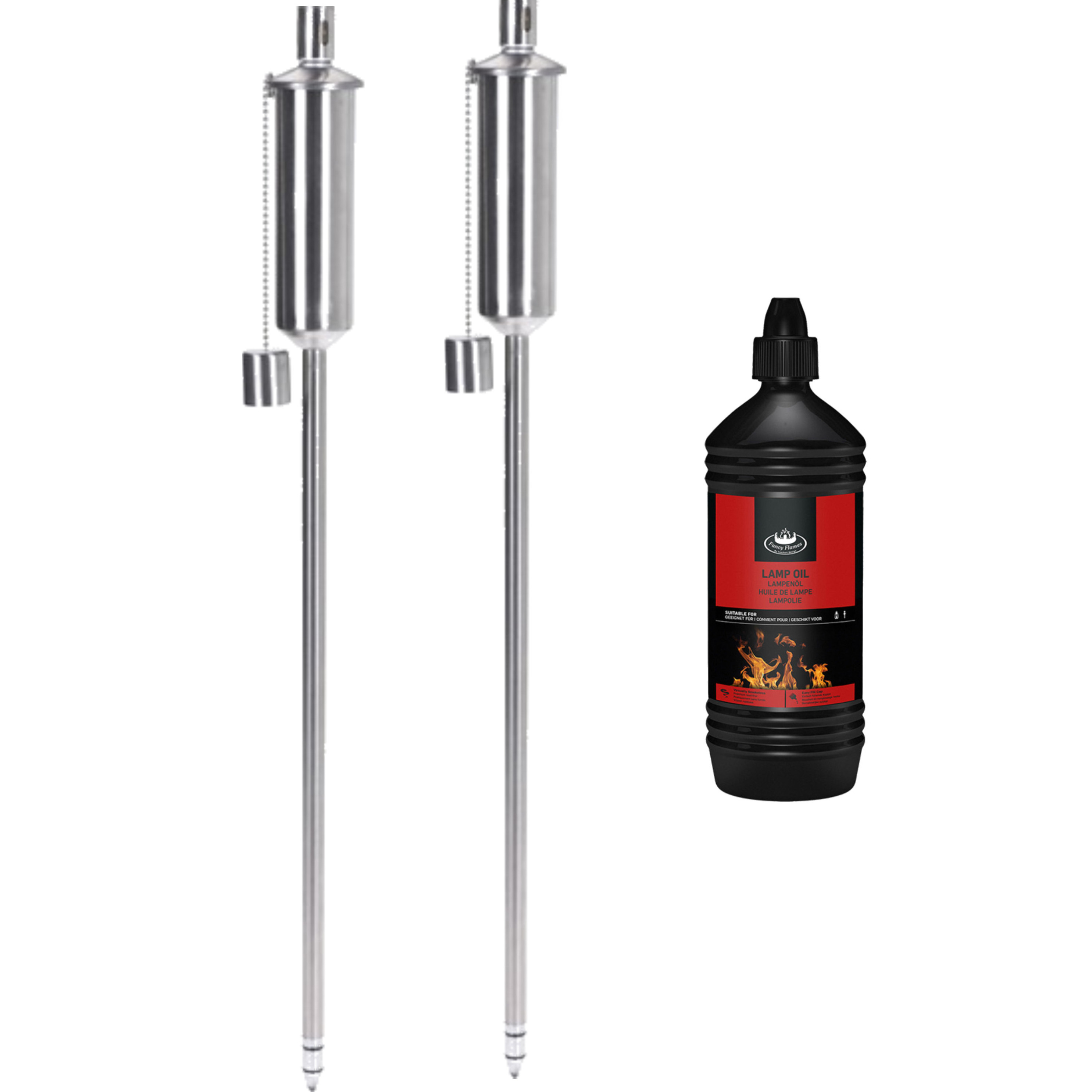 2x stuks Tuinfakkels RVS 115 cm inclusief 1 liter lampenolie/fakkelolie -
