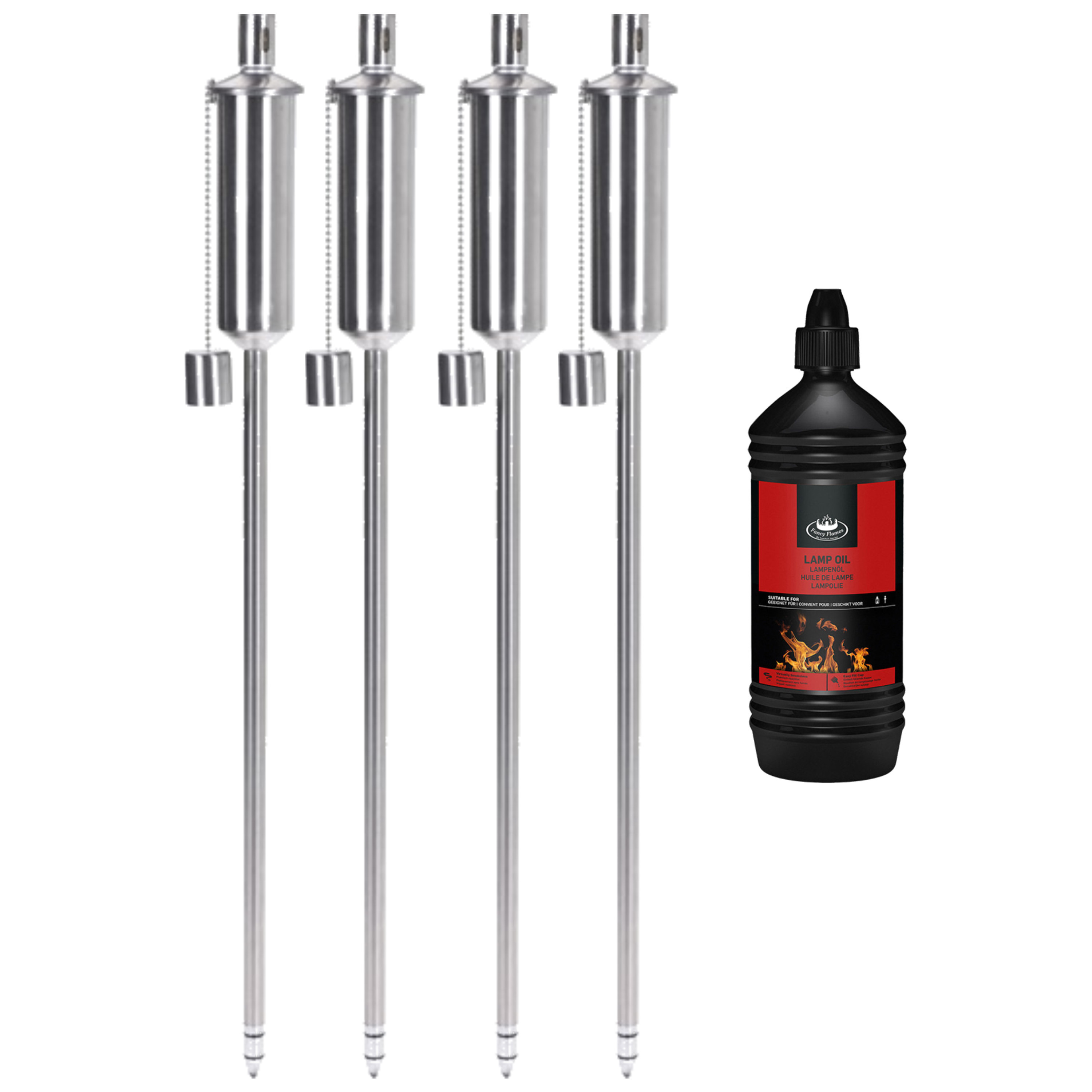4x stuks Tuinfakkels RVS 115 cm inclusief 1 liter lampenolie/fakkelolie -