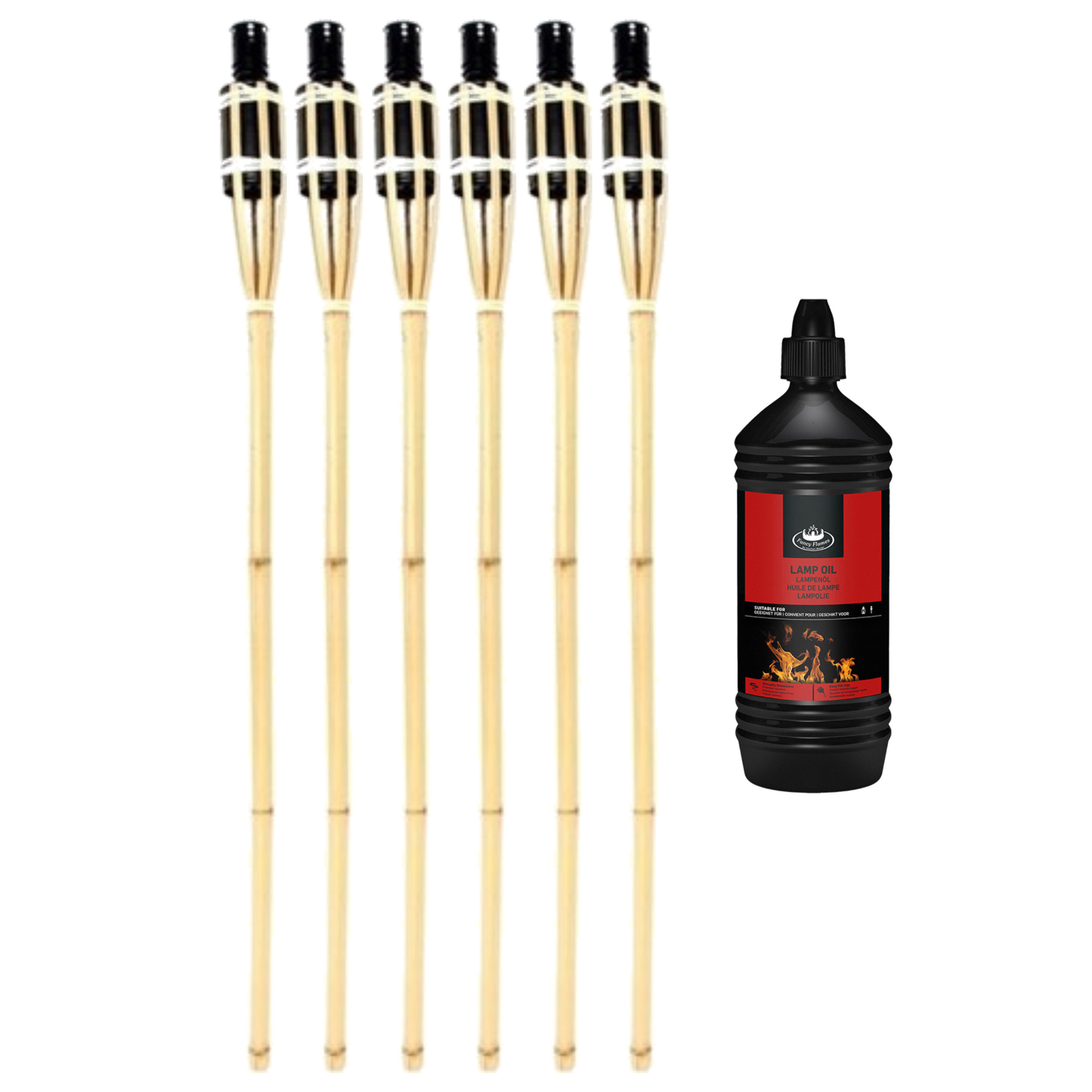 6x stuks Bamboe tuinfakkels 90 cm inclusief 1 liter lampenolie/fakkelolie -