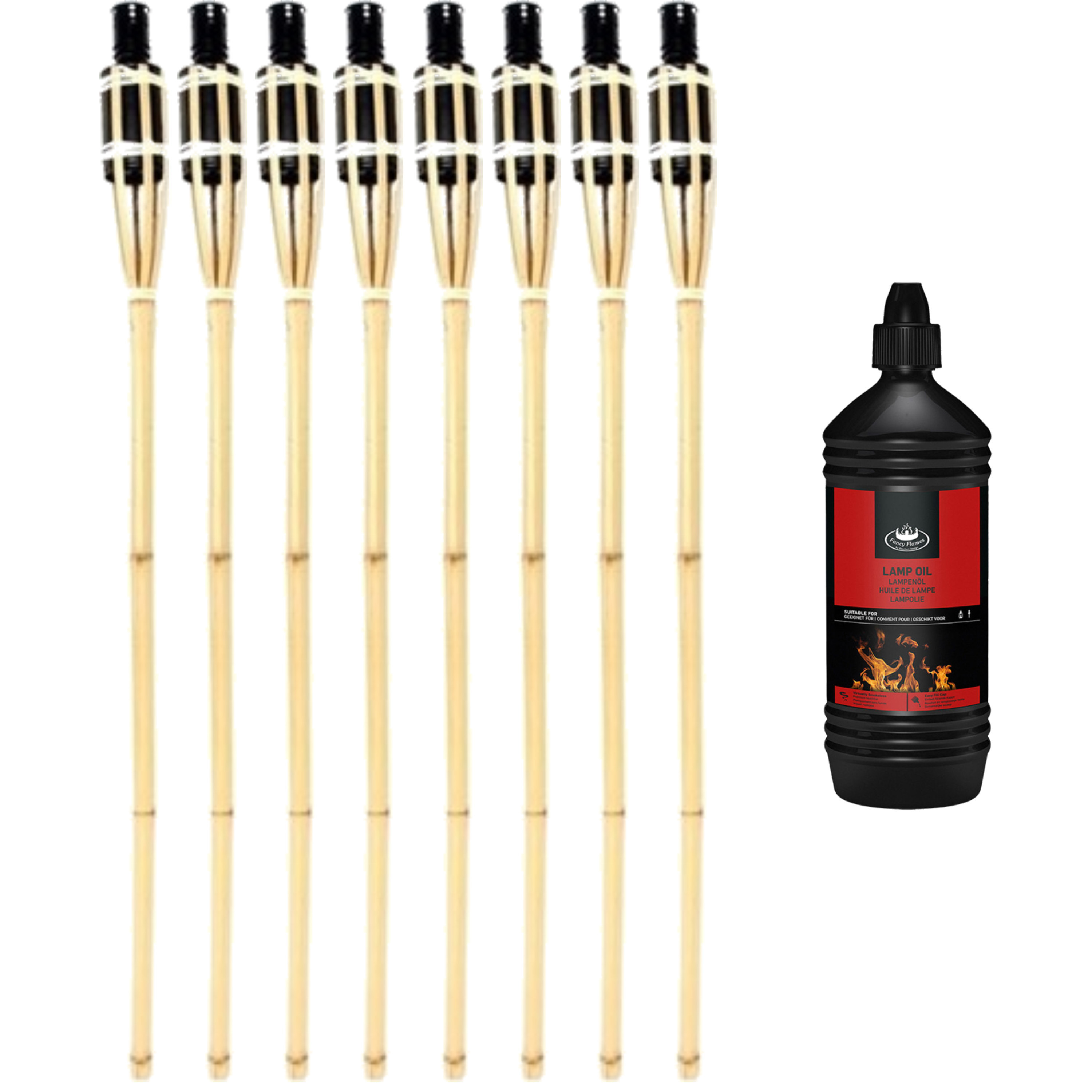 8x stuks Bamboe tuinfakkels 90 cm inclusief 1 liter lampenolie/fakkelolie -