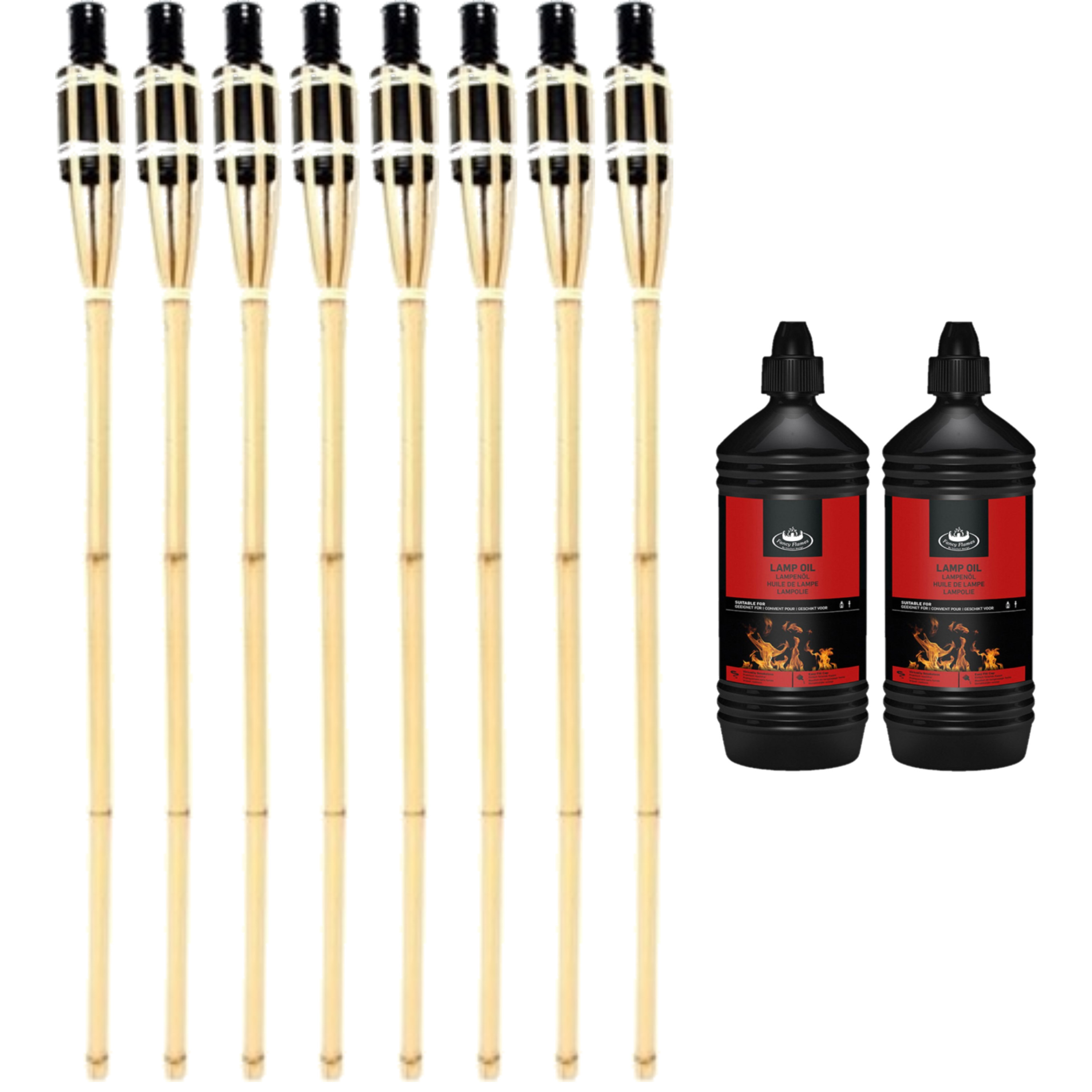 8x stuks Bamboe tuinfakkels 90 cm inclusief 2 liter lampenolie/fakkelolie -