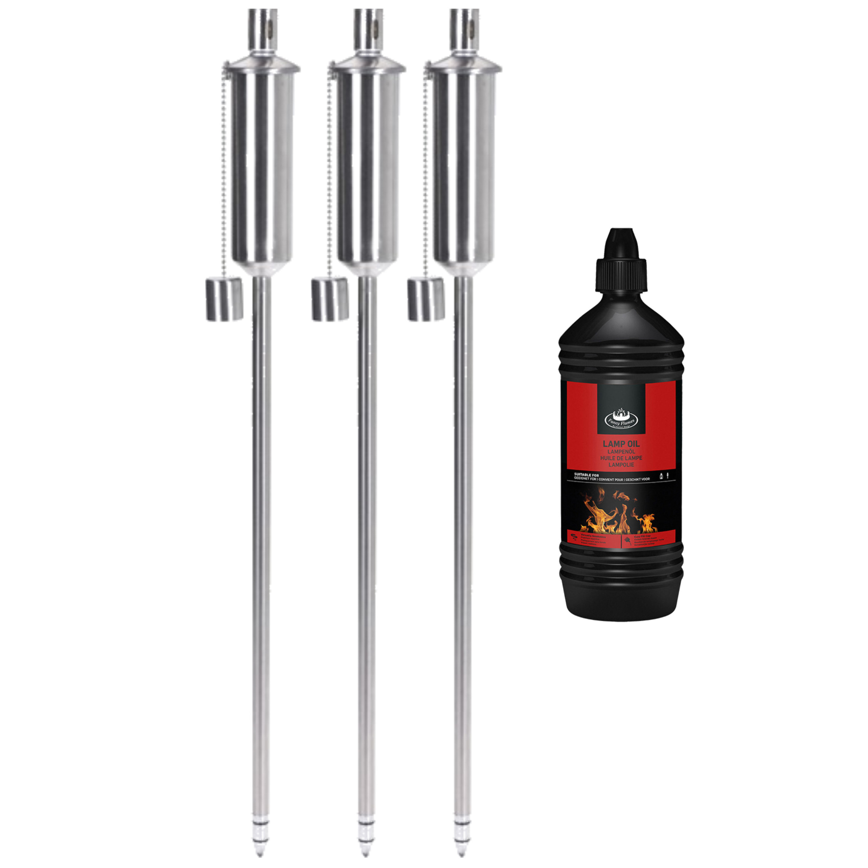 3x stuks Tuinfakkels RVS 115 cm inclusief 1 liter lampenolie/fakkelolie -