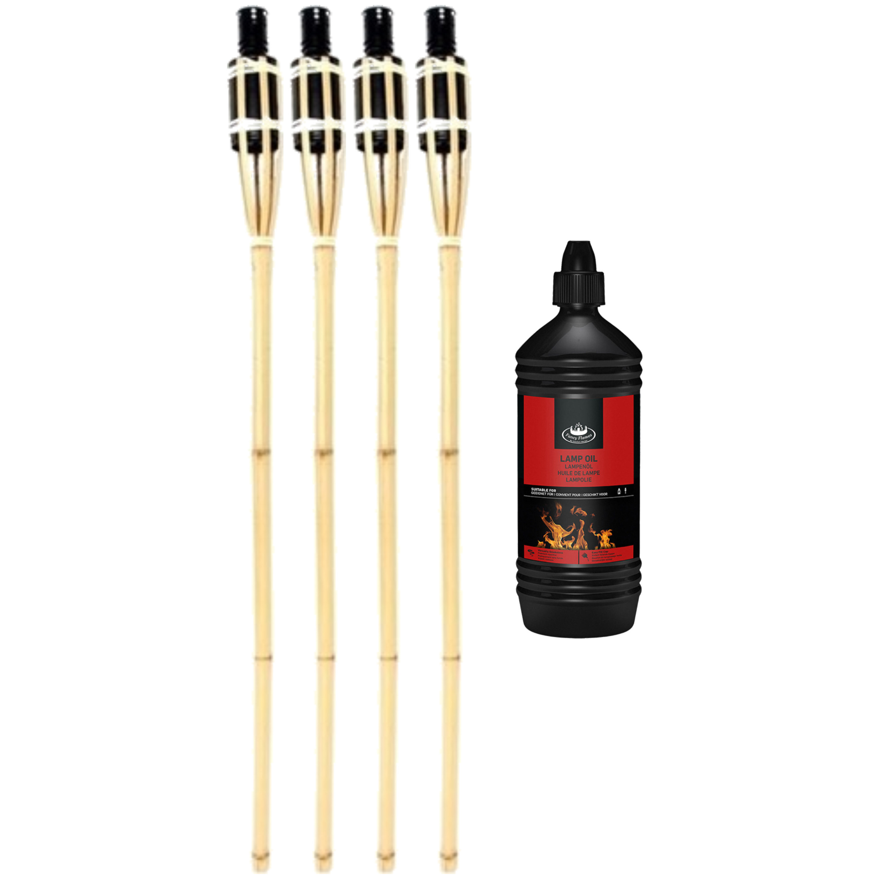 4x stuks Bamboe tuinfakkels 90 cm inclusief 1 liter lampenolie/fakkelolie -