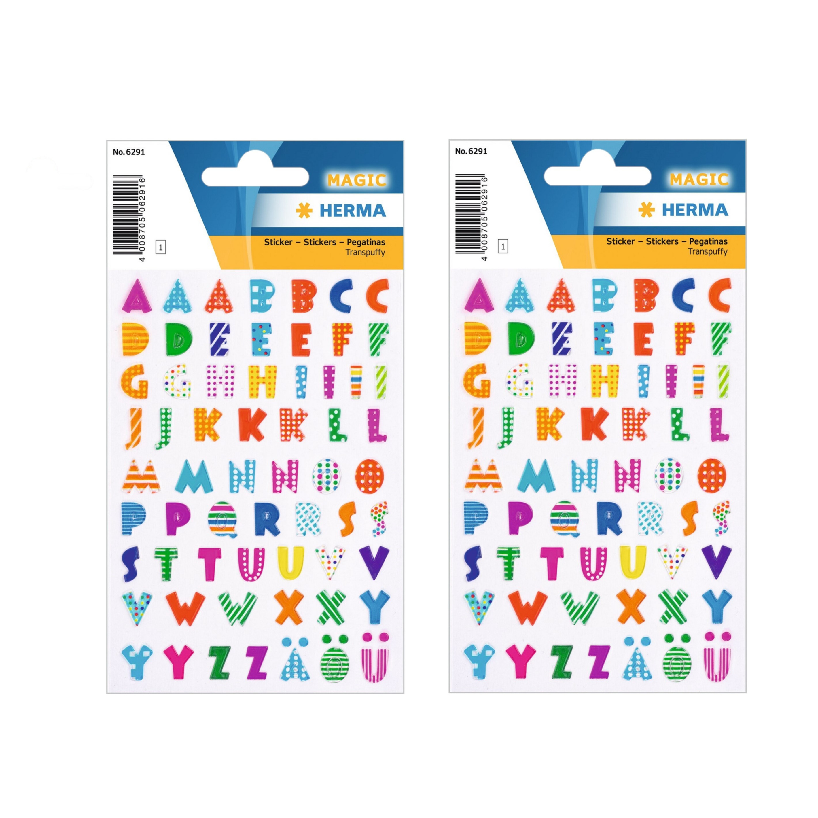 2x Stickervelletjes met 62x stuks plak letters A-Z gekleurde letters -