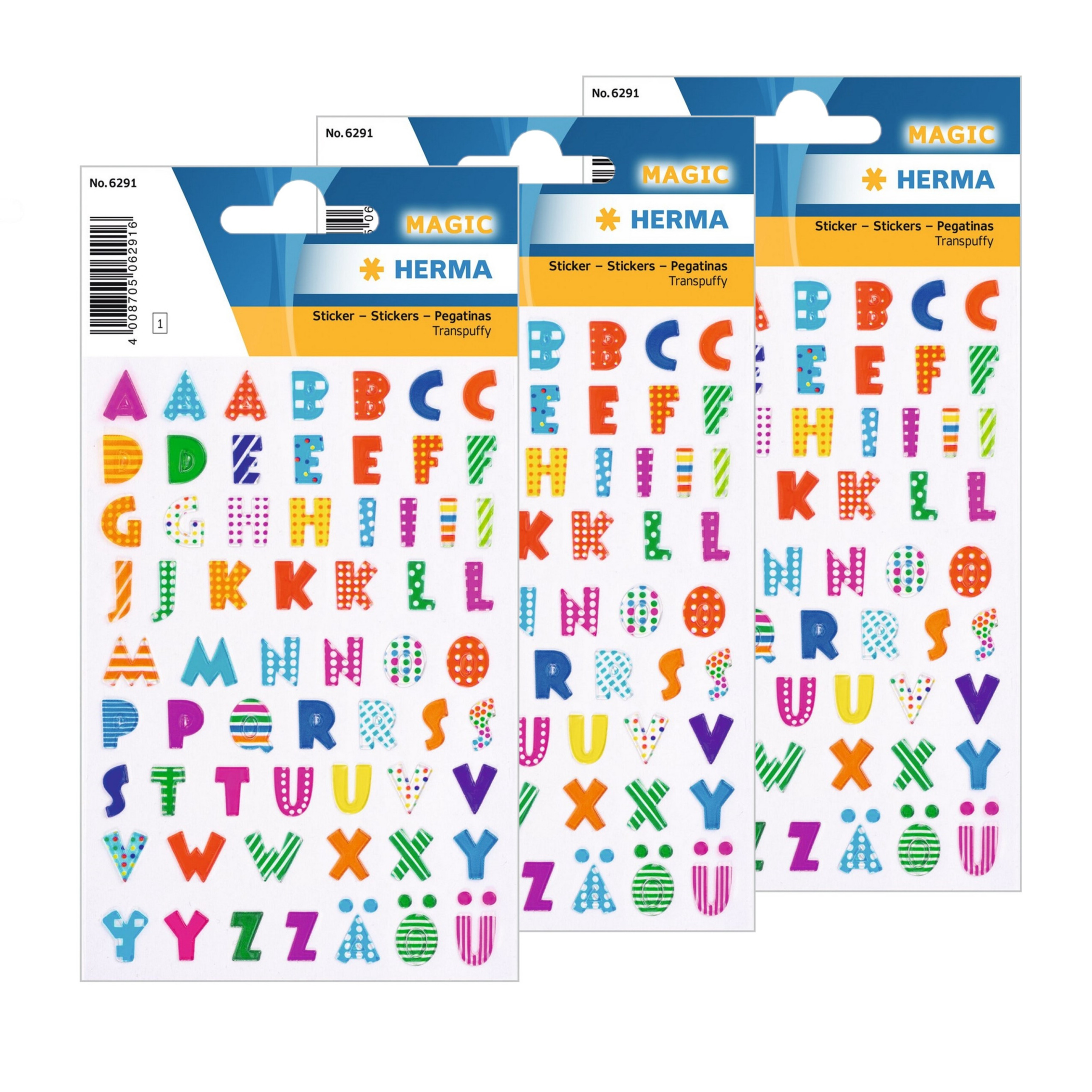 3x Stickervelletjes met 62x stuks plak letters A-Z gekleurde letters -