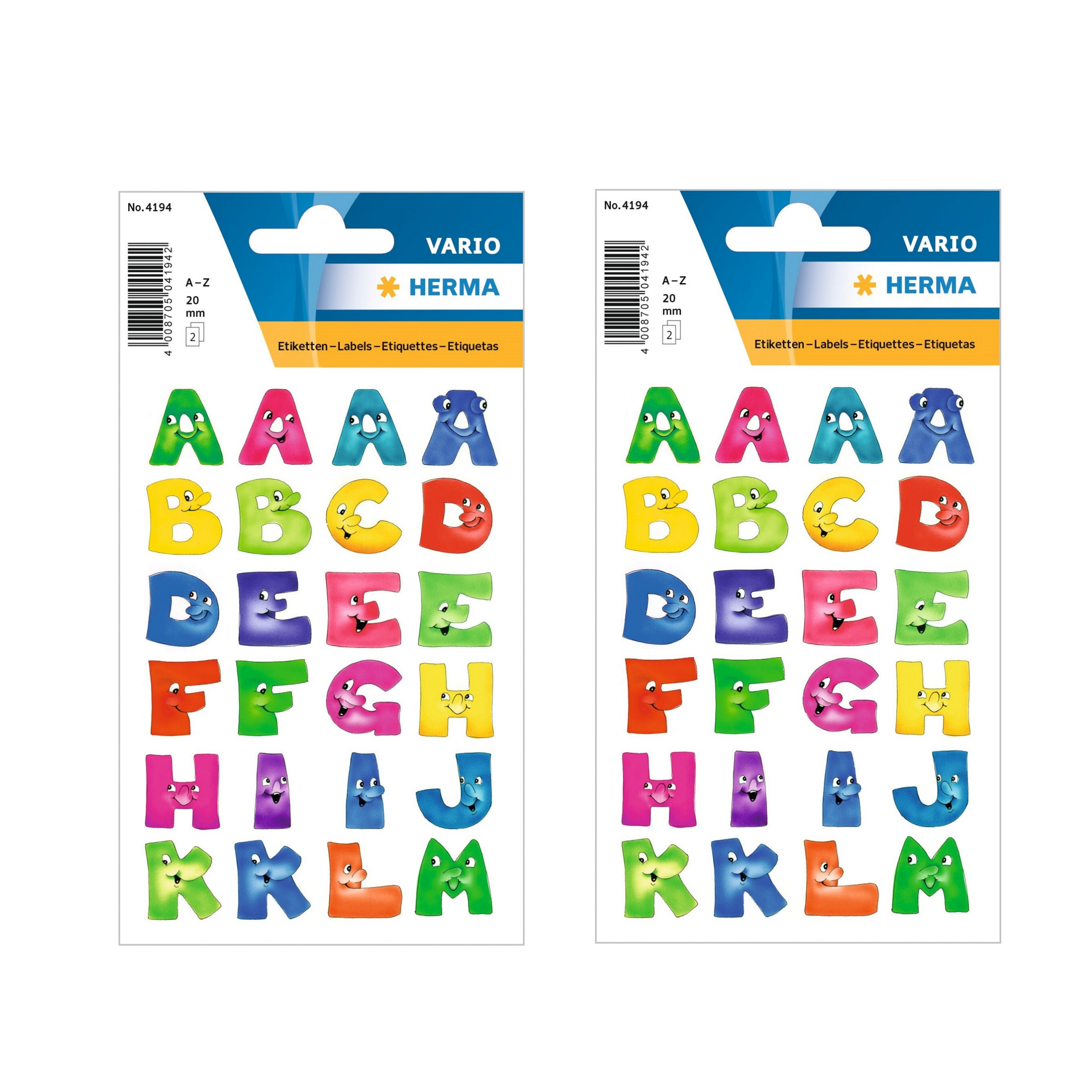 4x Stickervelletjes met 96x stuks plak letters A-Z gekleurde letters met gezichtjes 28 mm -