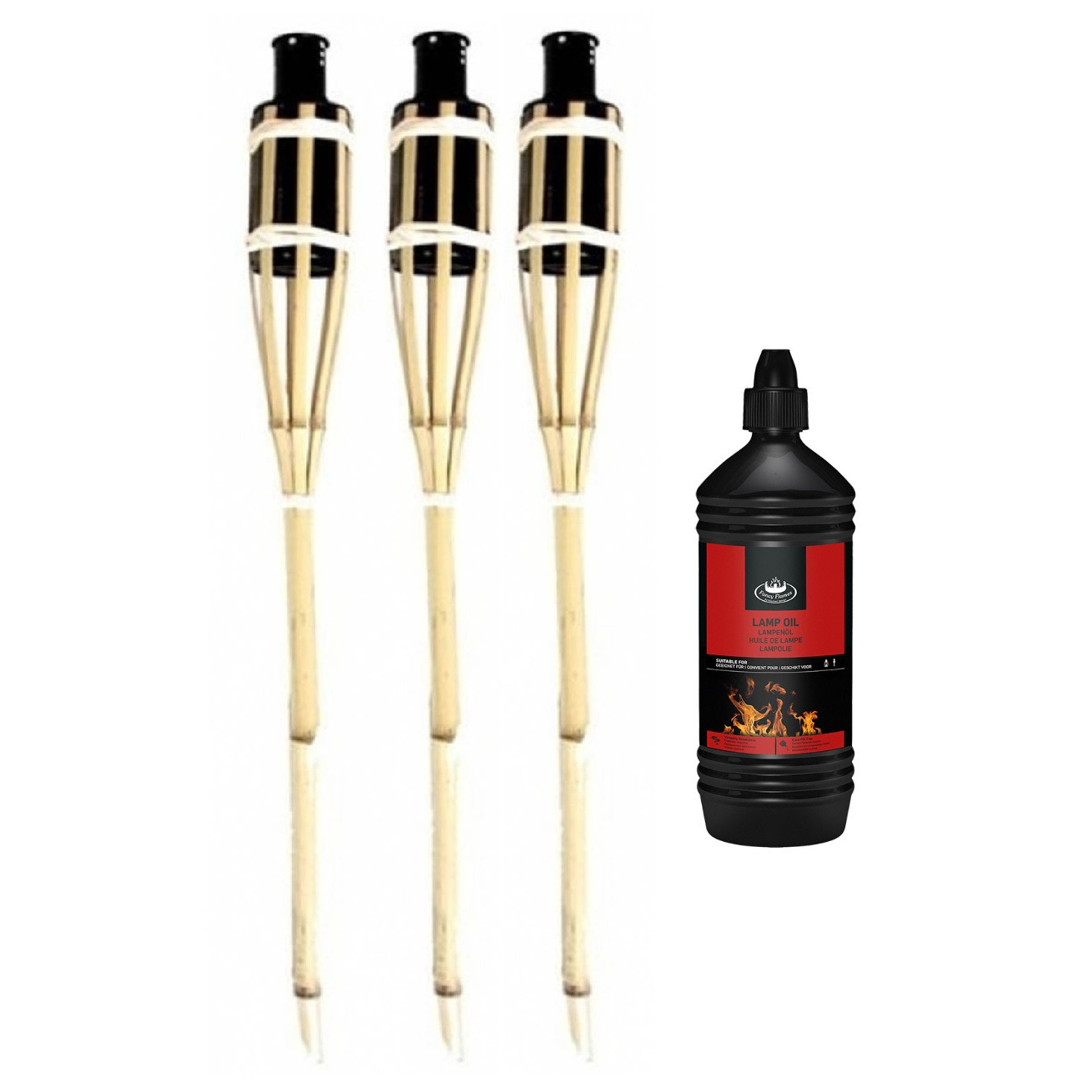 6x stuks bamboe tuinfakkels met oliehouder van 60 cm inclusief 1 liter lampenolie/fakkelolie -