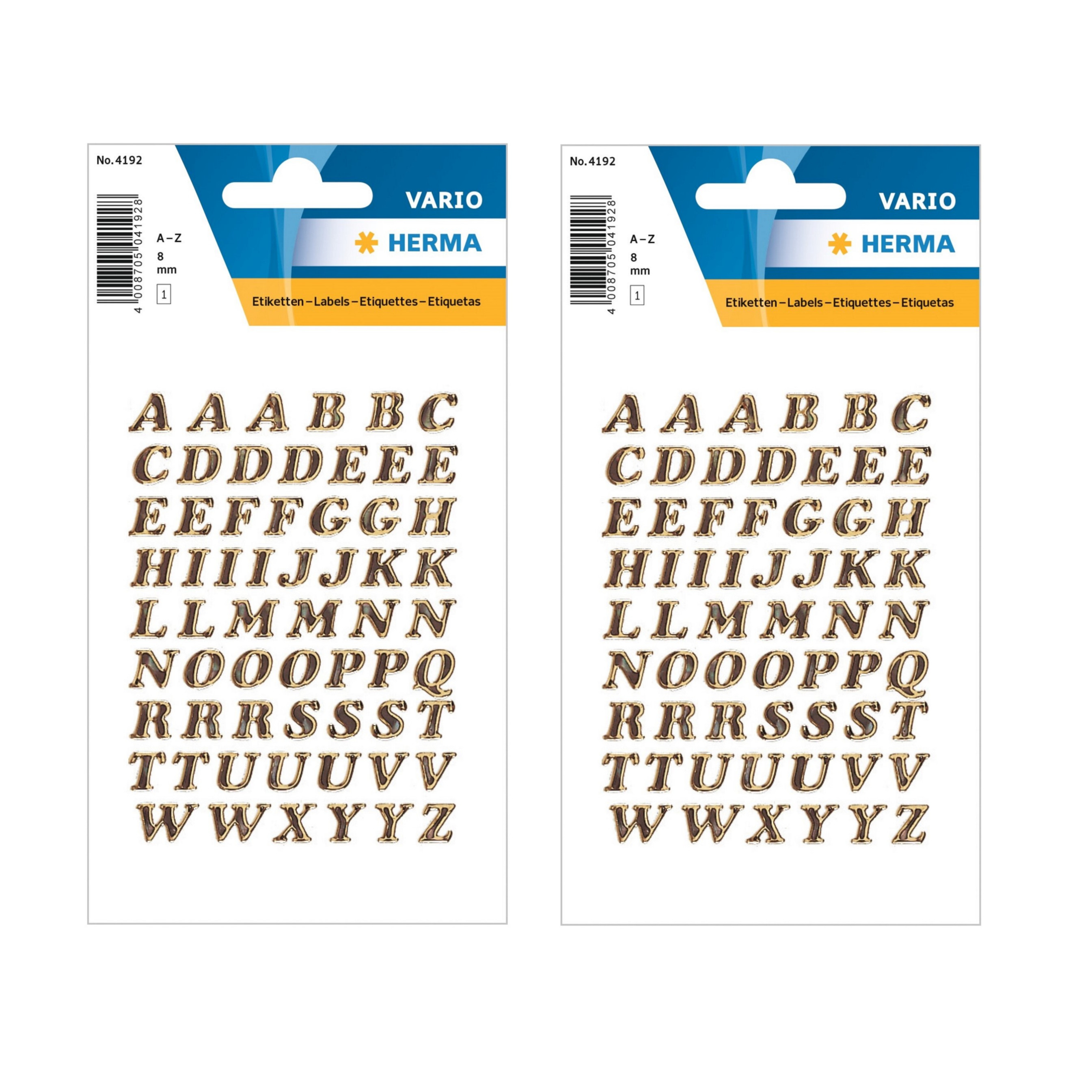 2x Stickervelletjes met 61x stuks plak letters alfabet A tot Z goud/folie 8 mm -