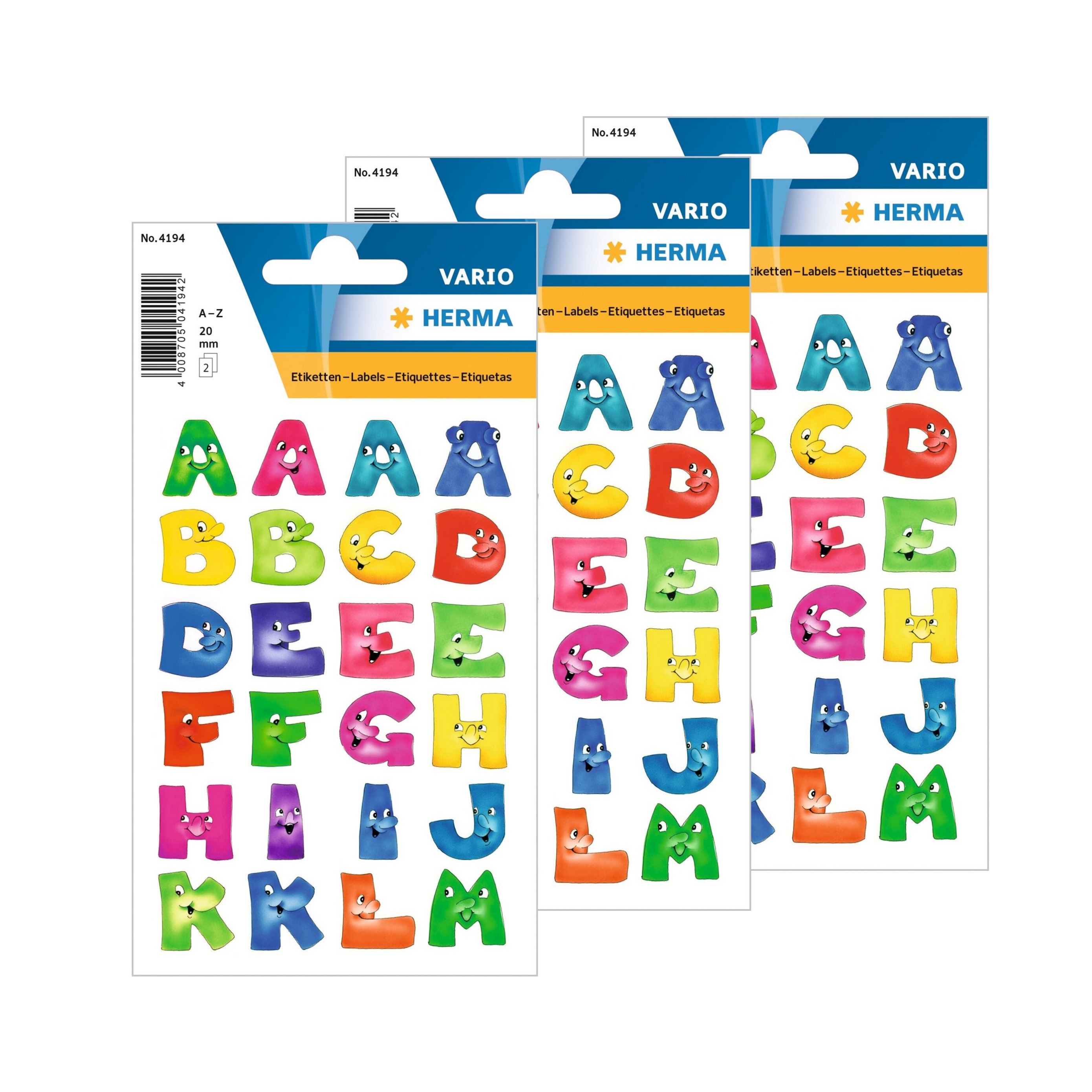 6x Stickervelletjes met 144x stuks plak letters A-Z gekleurde letters met gezichtjes 28 mm -