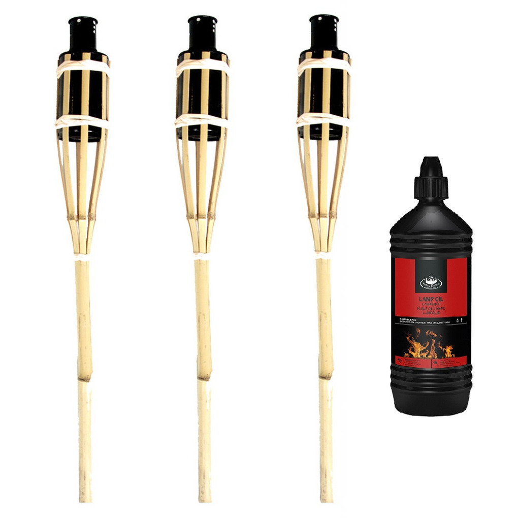 Tuinfakkels 3x stuks 60 cm van bamboe inclusief 1 liter lampenolie/fakkelolie -