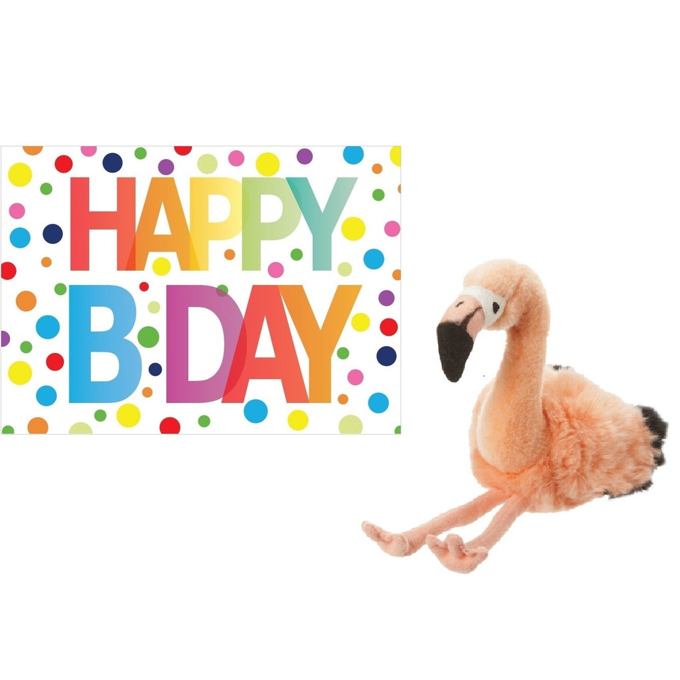 Pluche knuffel flamingo 18 cm met A5-size Happy Birthday wenskaart -
