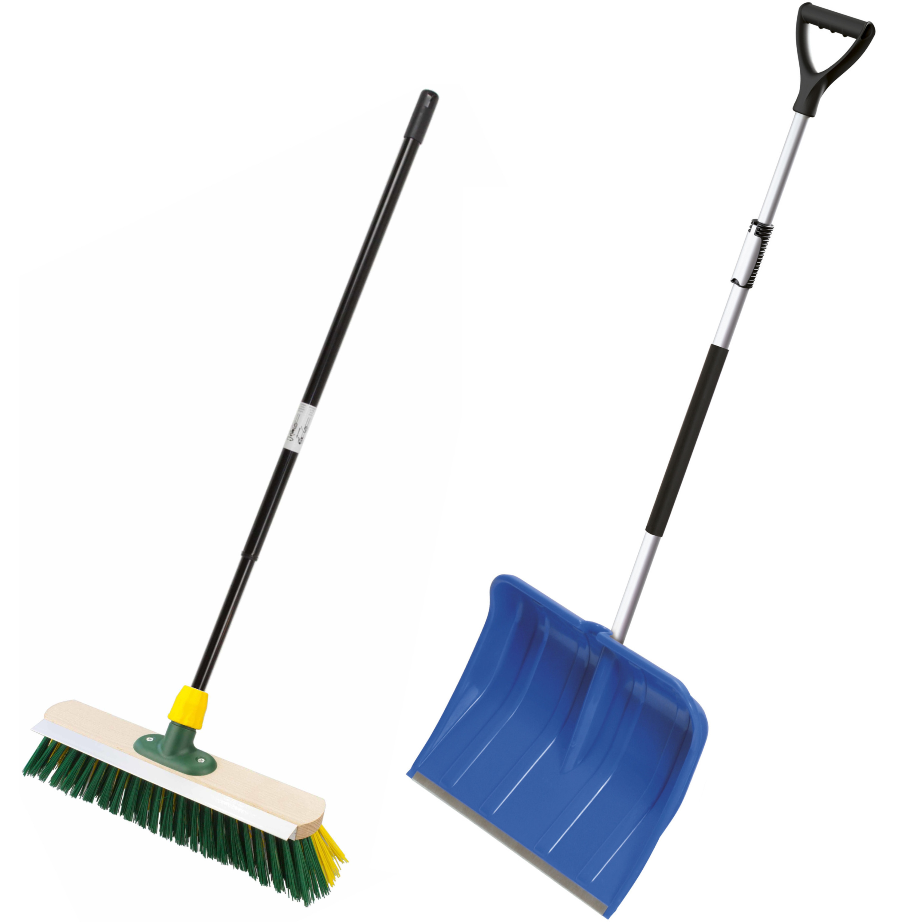 Sneeuwschep blauw telescopisch 120 - 160 cm + harde bezem telescopisch 80 - 130 cm -