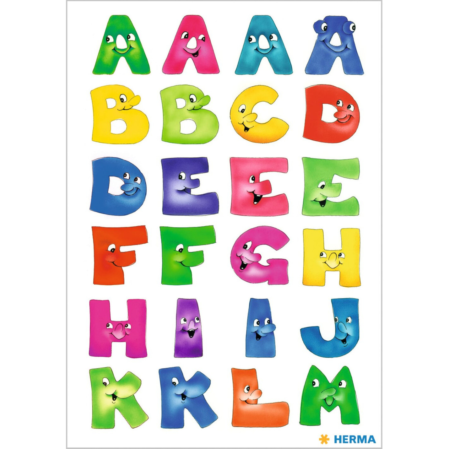 Stickervelletjes met 48x stuks plak letters A-Z gekleurde letters met gezichtjes 28 mm -