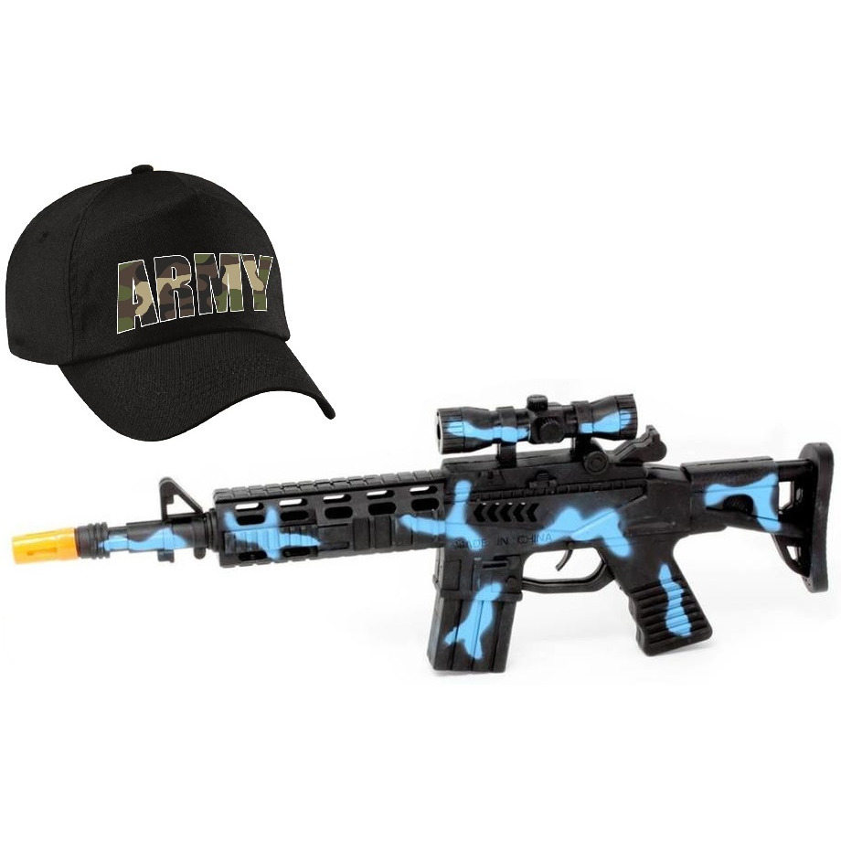 2-Delig speelgoed verkleedaccessoires set leger/soldaten voor kinderen met blauw machinegeweer -