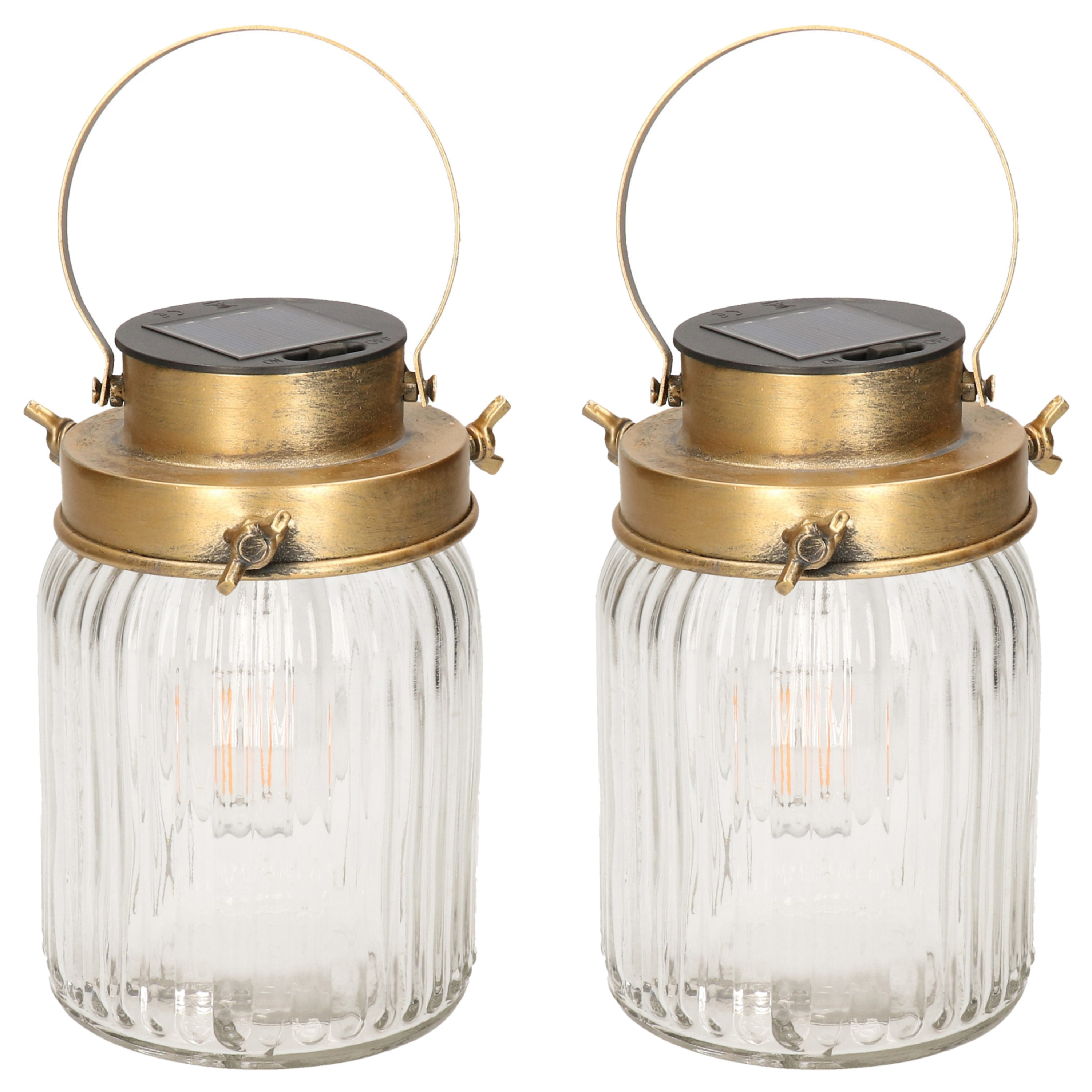 Set van 2x stuks transparante solar lantaarn van gestreept glas met hengsel 18 cm -
