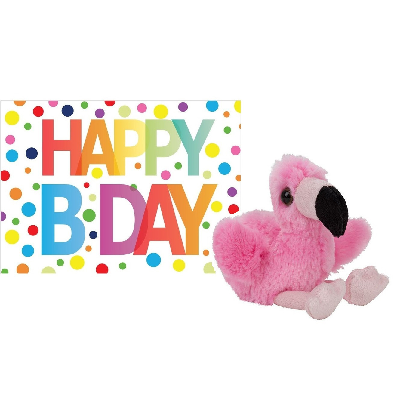 Pluche knuffel flamingo 13 cm met A5-size Happy Birthday wenskaart -