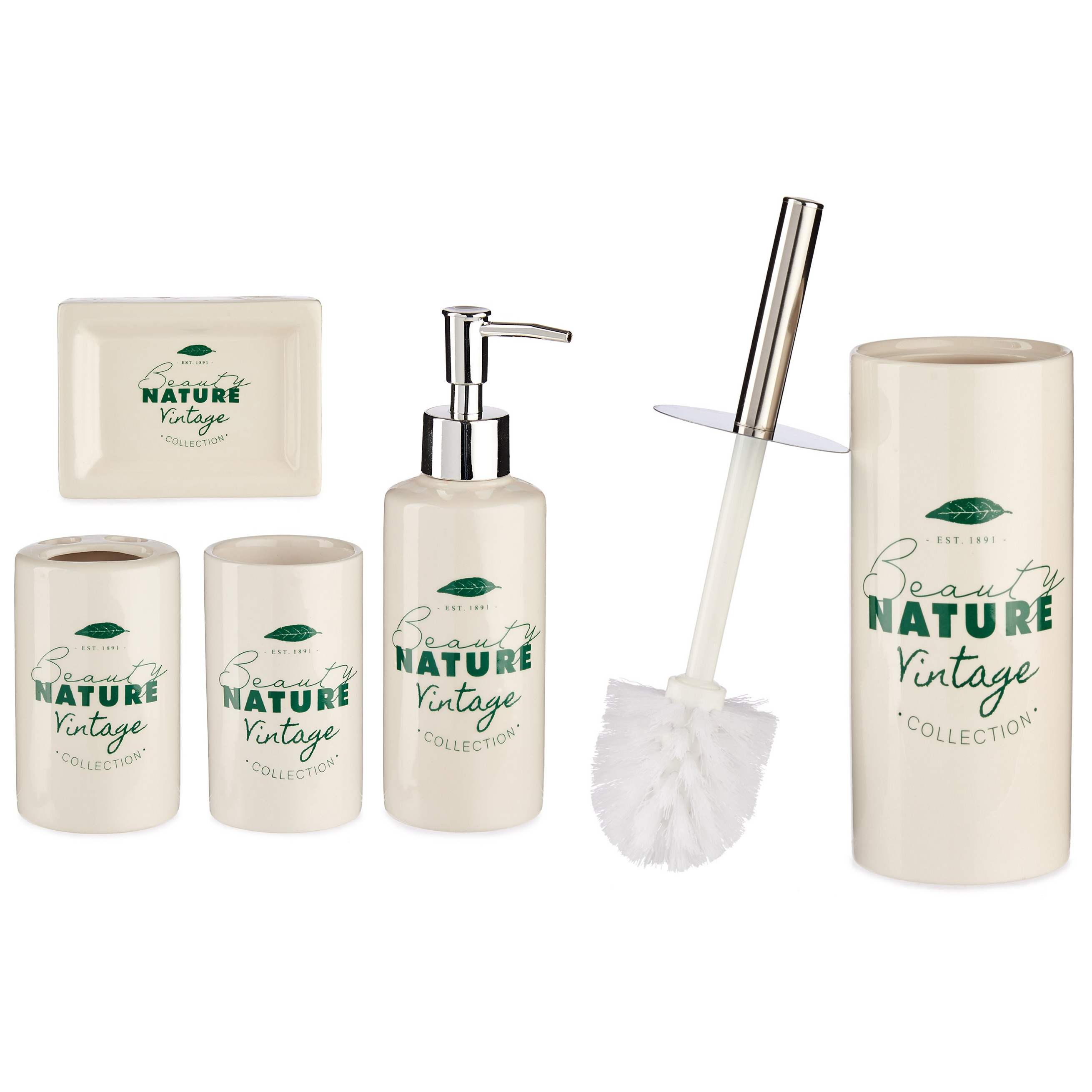 Badkamer accessoires set met tekst 5-delig gebroken wit van keramiek -
