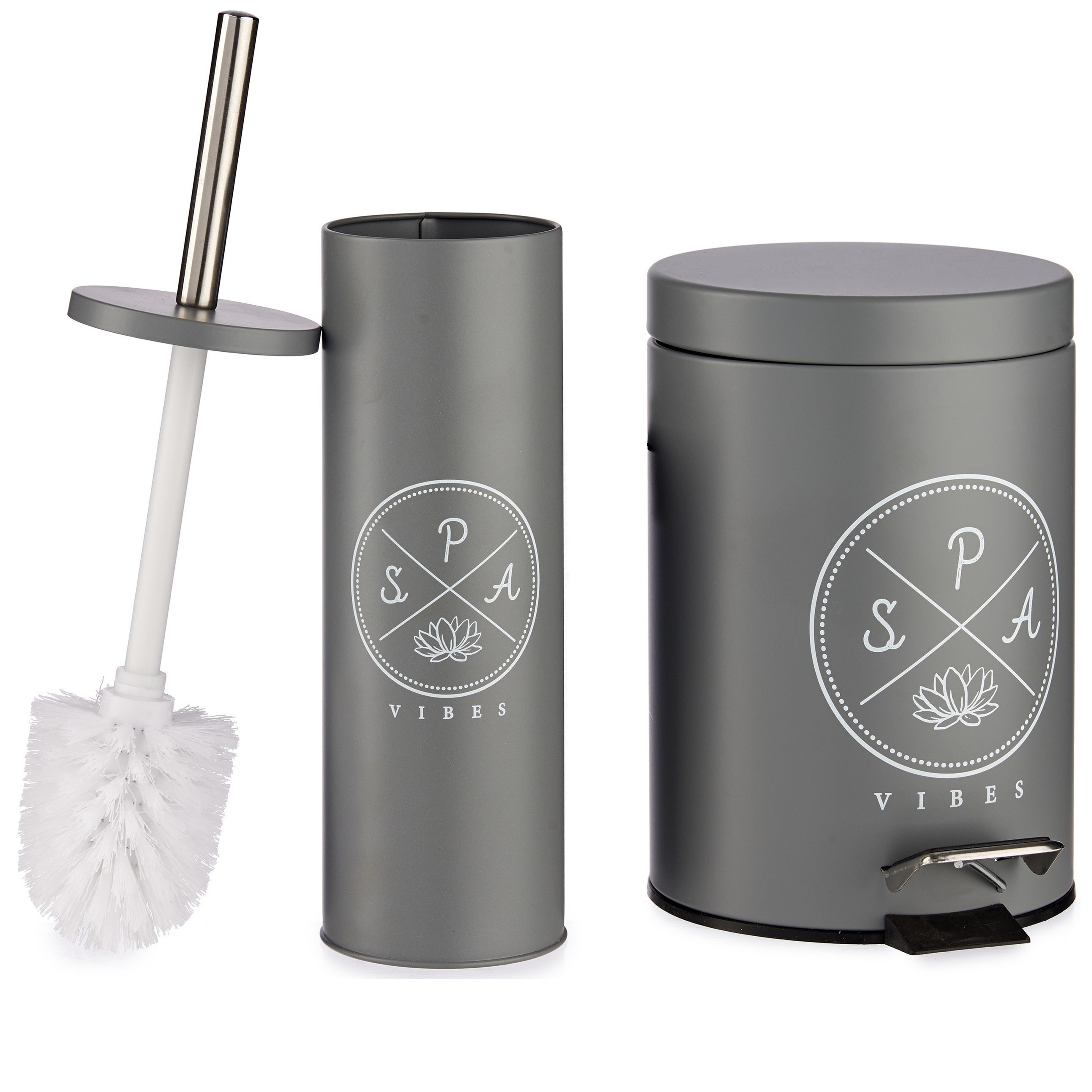 Toiletborstel/wc-borstel en pedaalemmer donker grijs met tekst aluminium 37 cm -